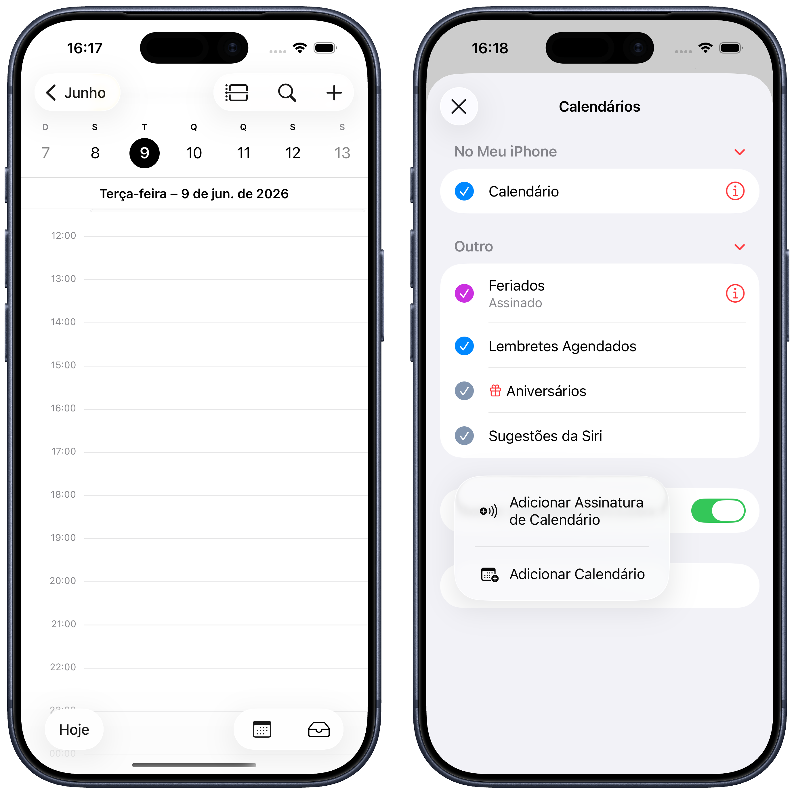 Apple Calendar e a lista de calendários com a opção Adicionar calendário