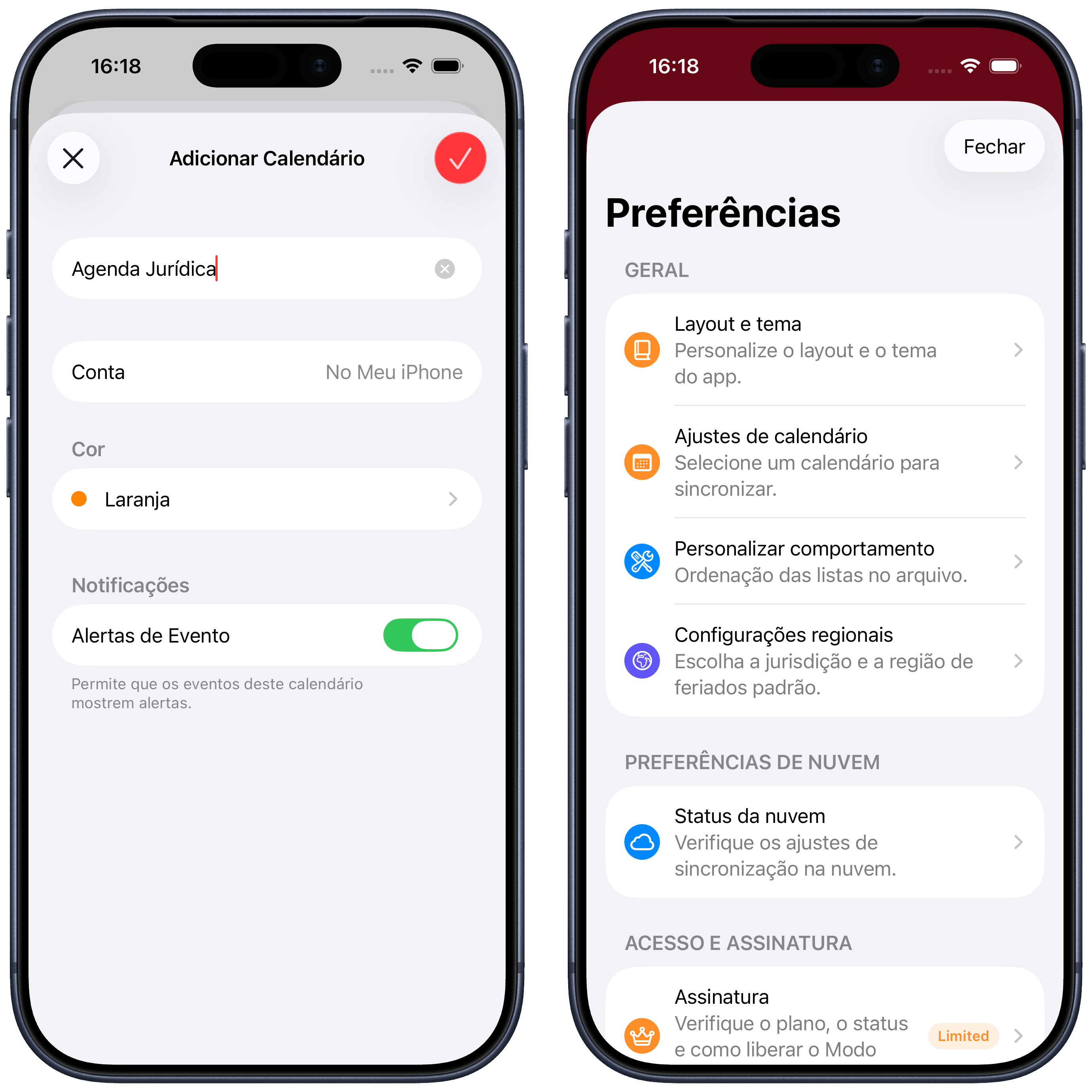 Criação do calendário e tela Preferências do app
