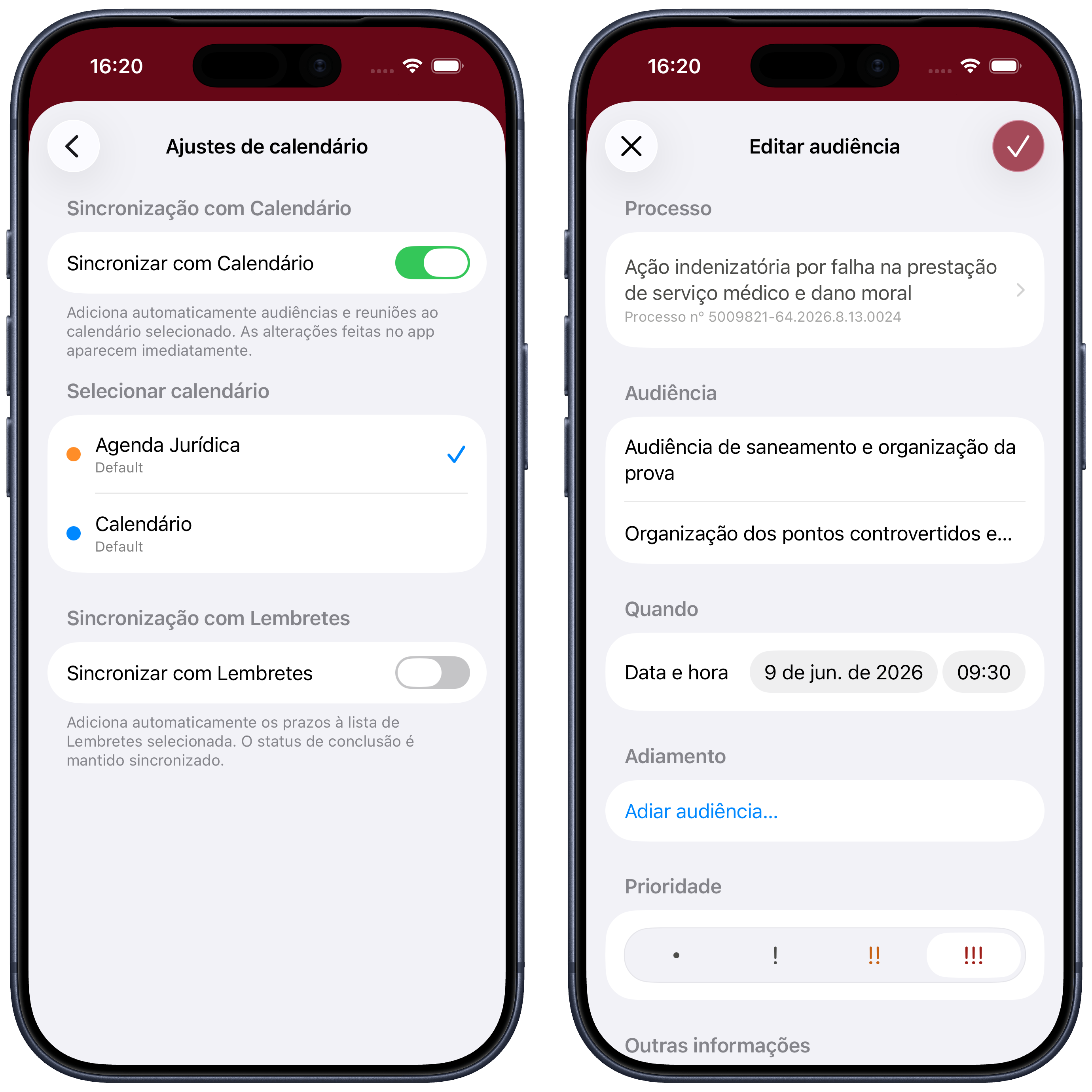 Calendário selecionado e editor de uma audiência