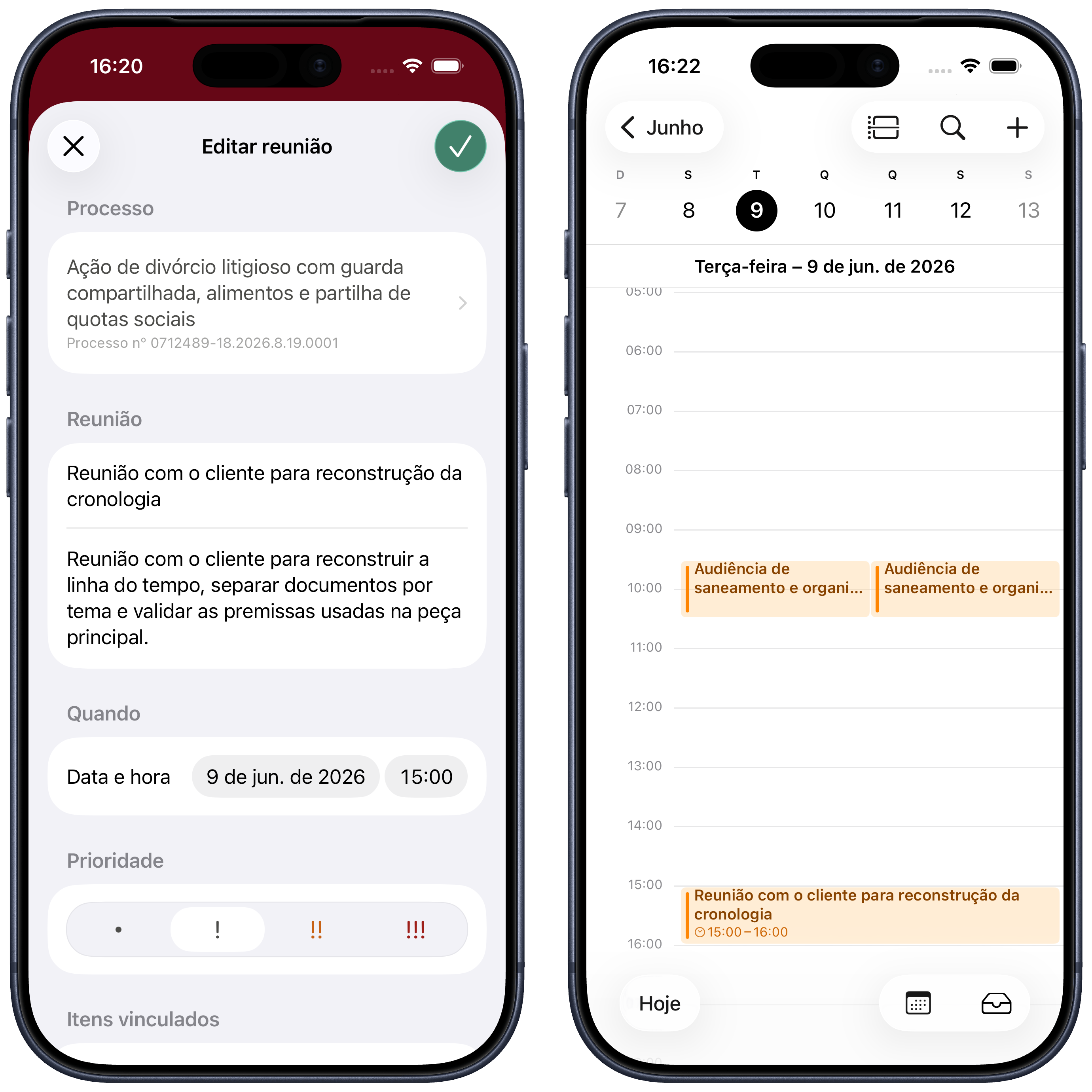 Editor de reunião e visão diária do calendário com audiência e reunião