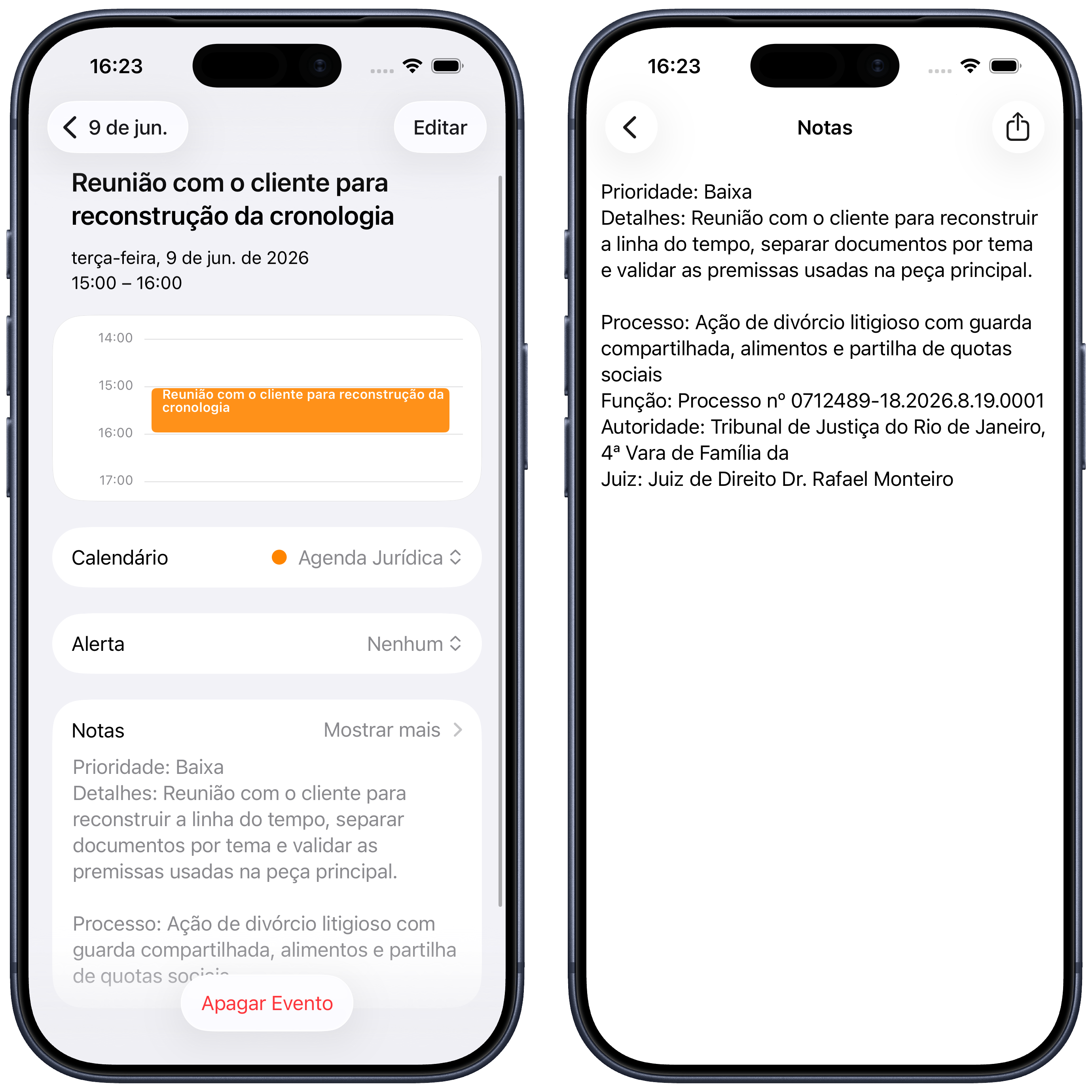 Detalhe do evento de reunião com notas completas
