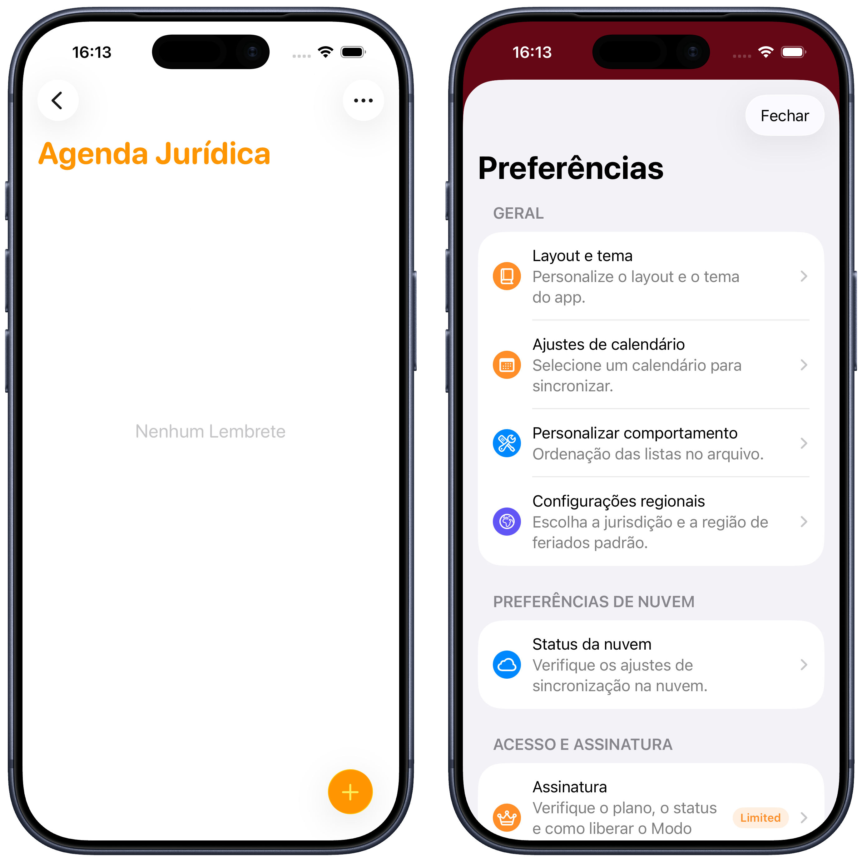 A lista criada no Reminders e a tela Preferências do app