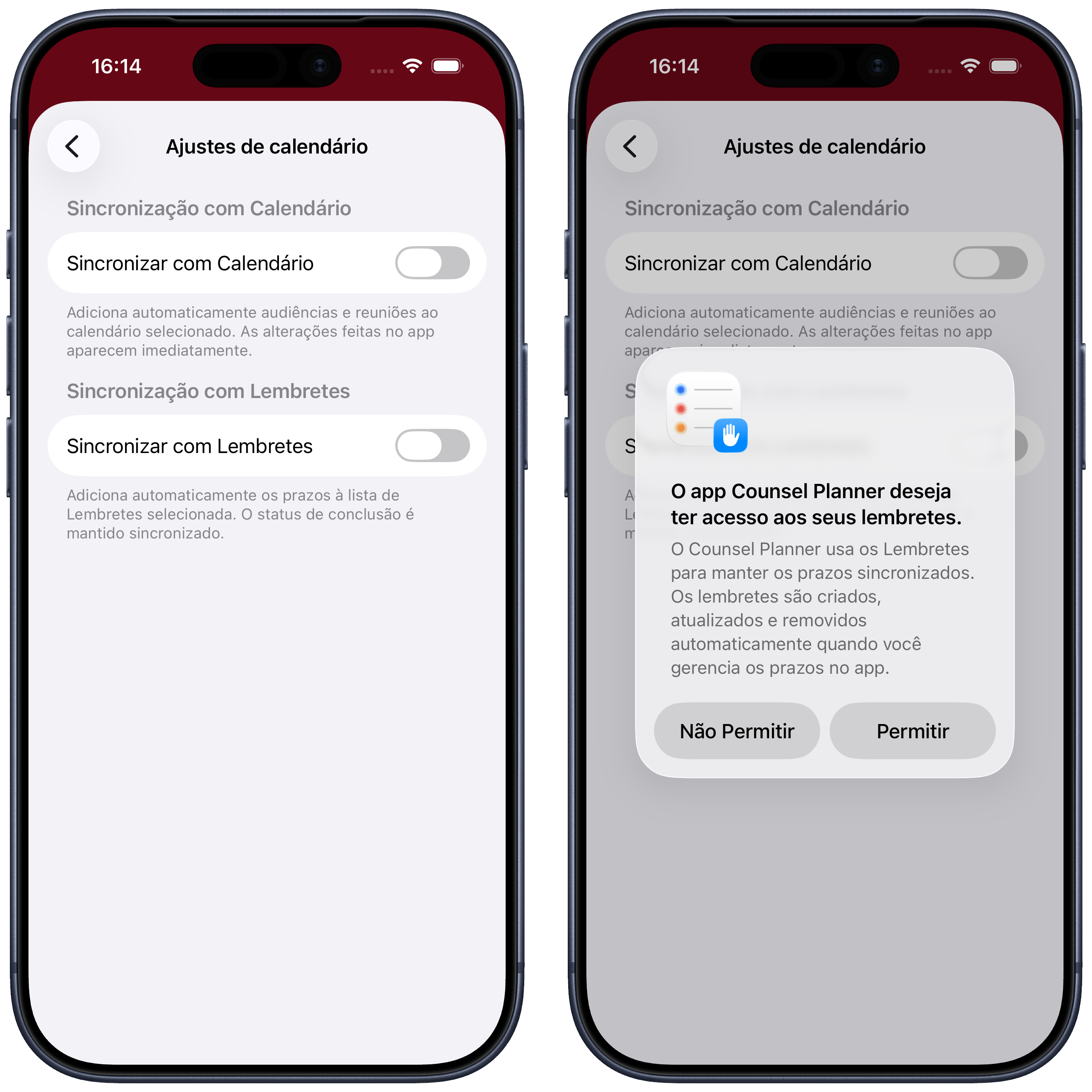 Opção Sincronizar com Lembretes e pedido de permissão