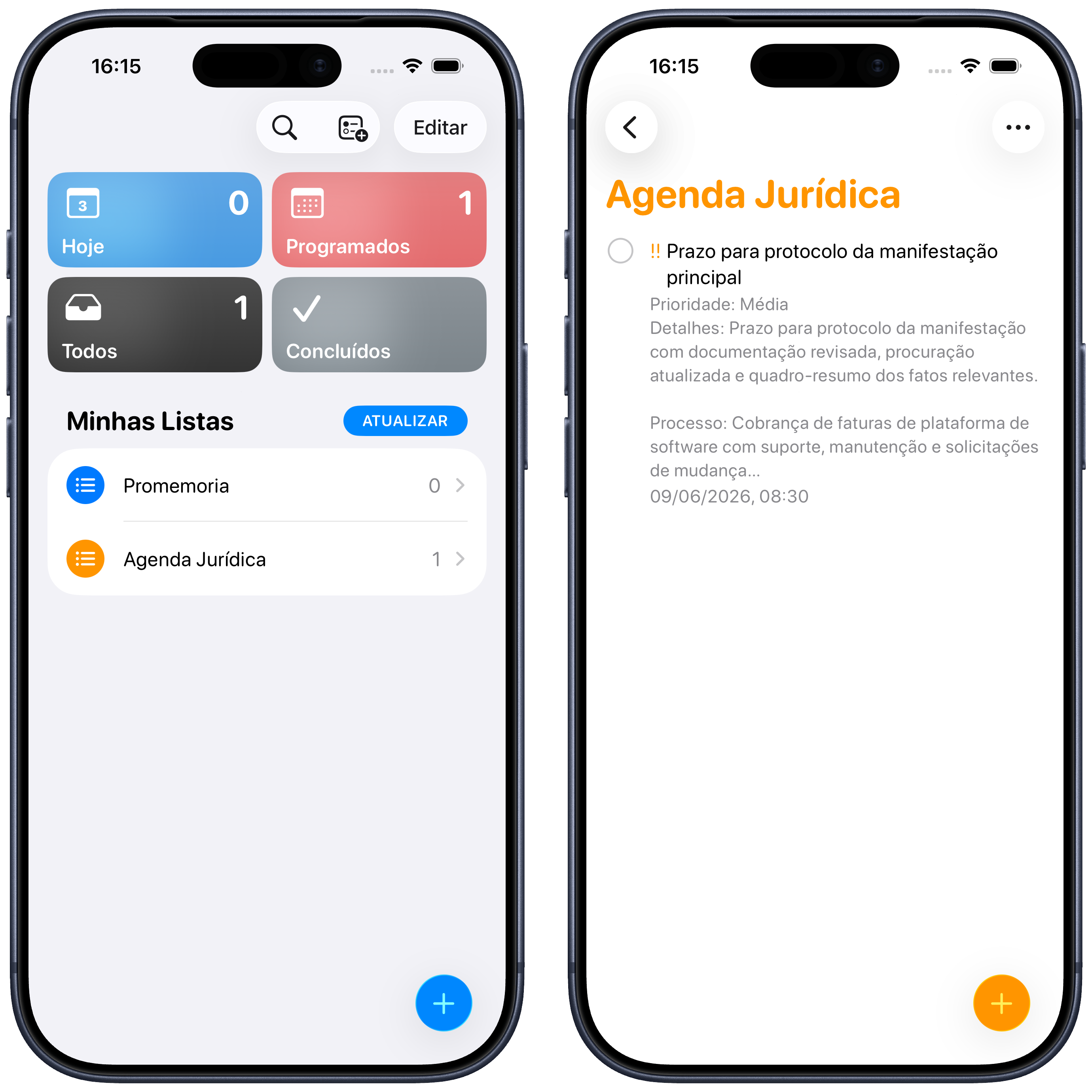O prazo salvo aparece na lista Counsel Planner no Reminders