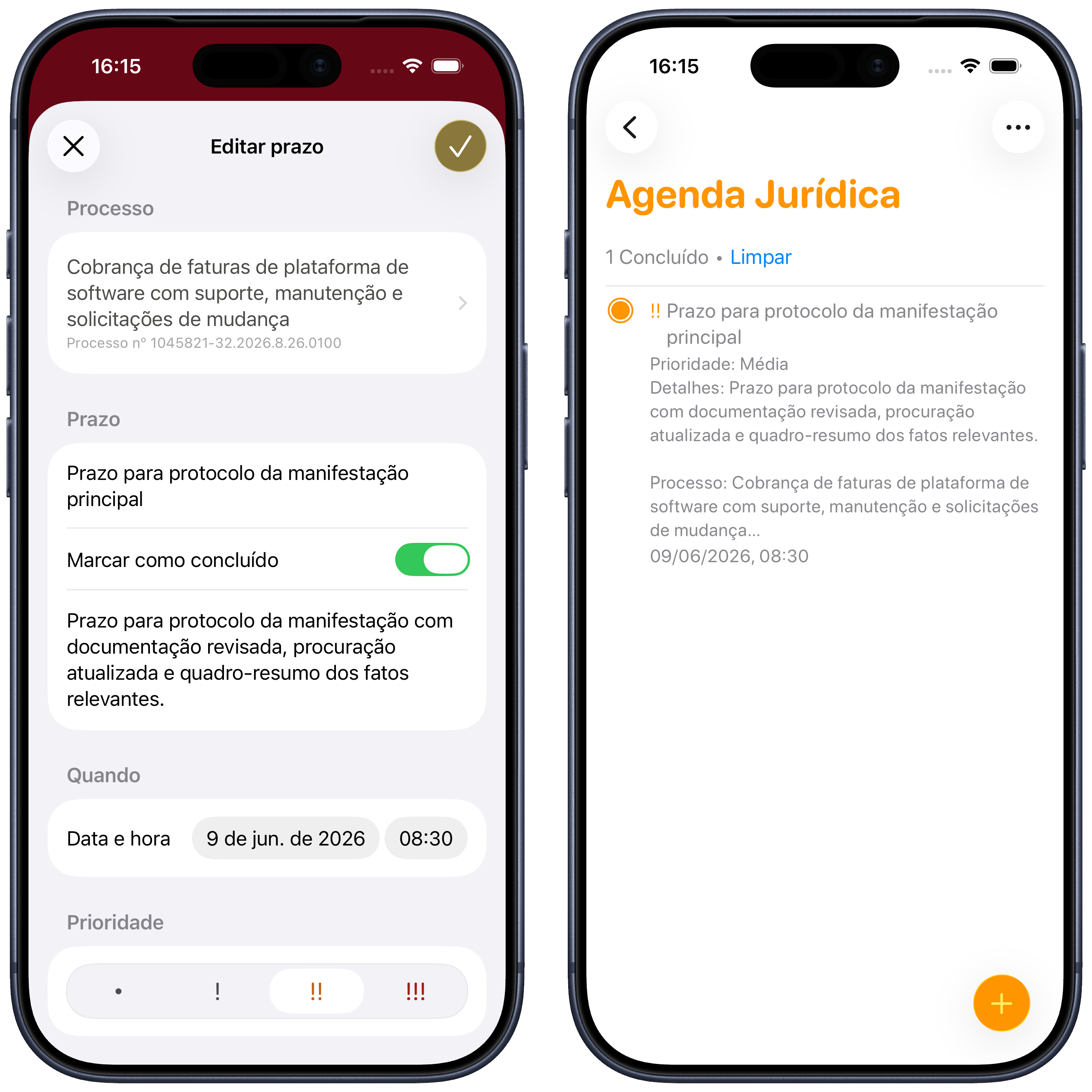 Prazo concluído no app e lembrete atualizado automaticamente