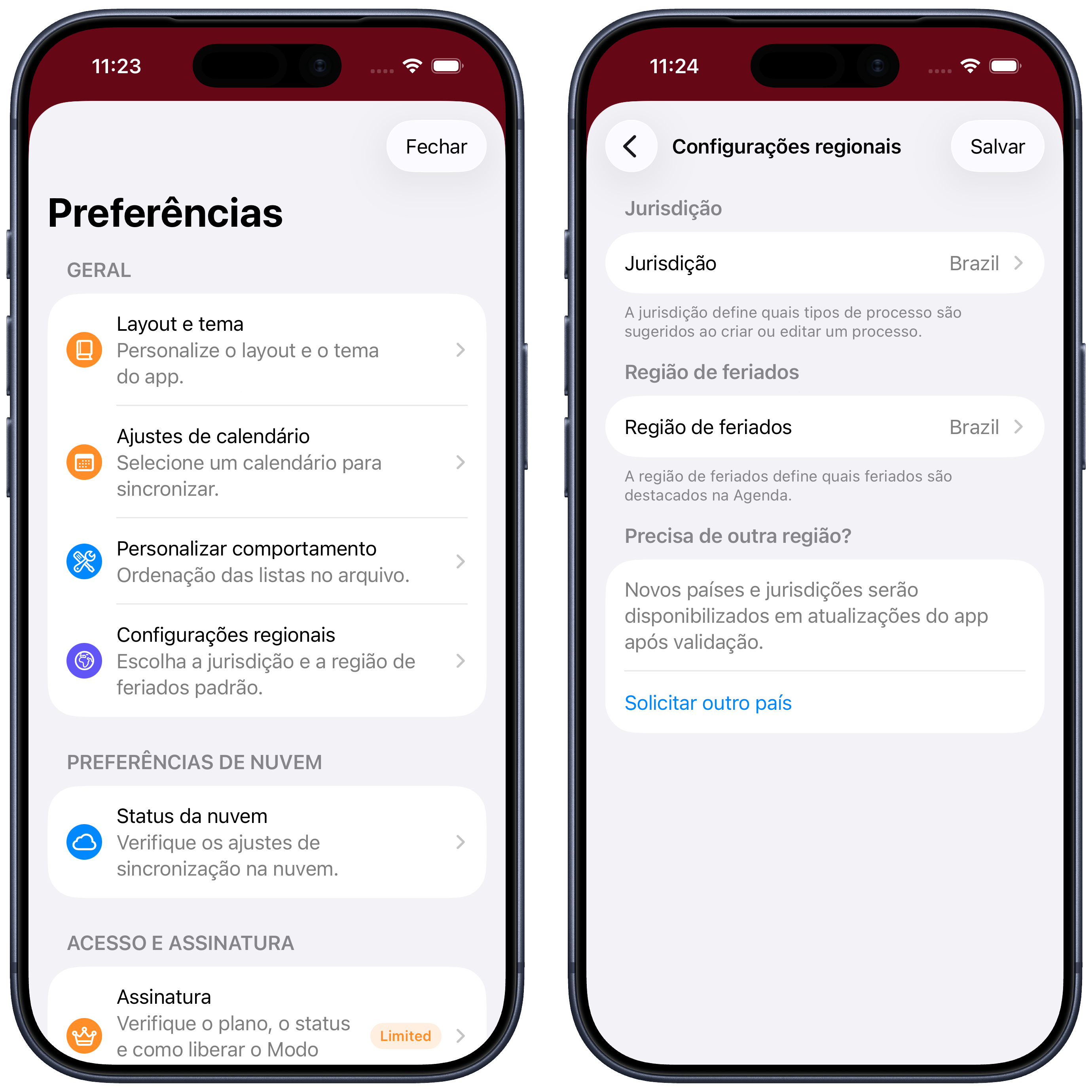 Preferências e tela Configurações Regionais