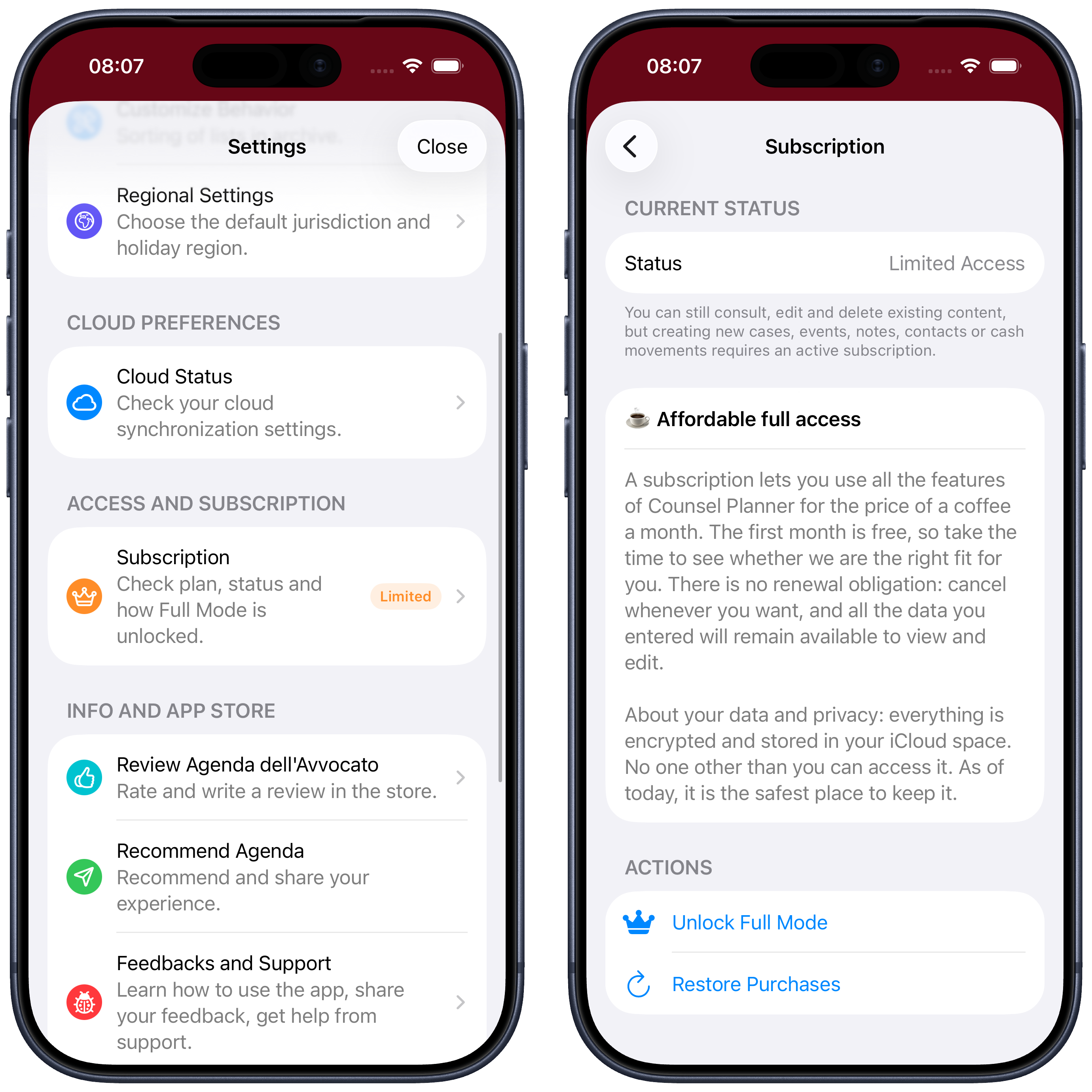Abonnement-Bildschirm in der App