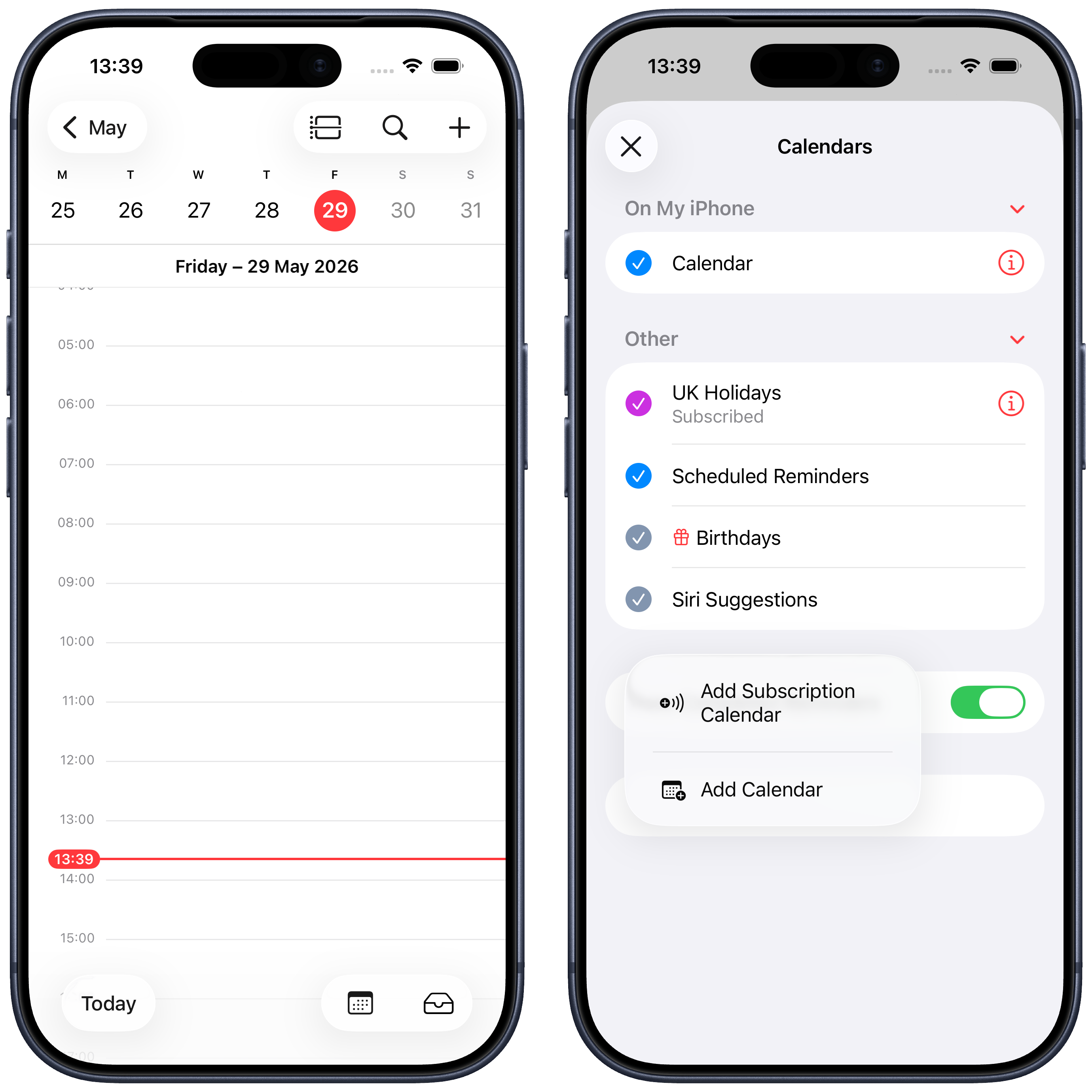 Apple Kalender und die Kalenderliste mit der Option Kalender hinzufügen