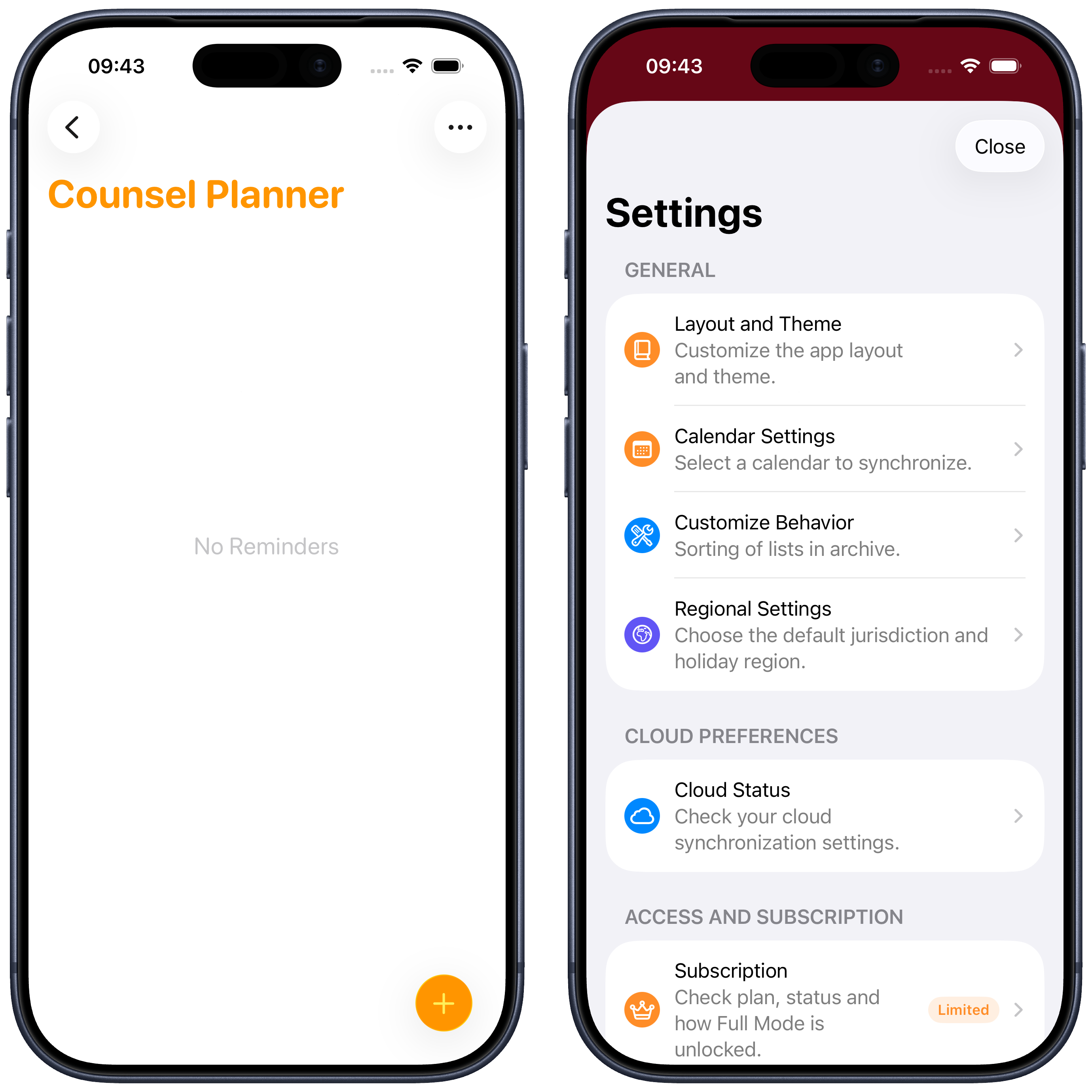 Die neu angelegte Erinnerungen-Liste und die Einstellungen der App