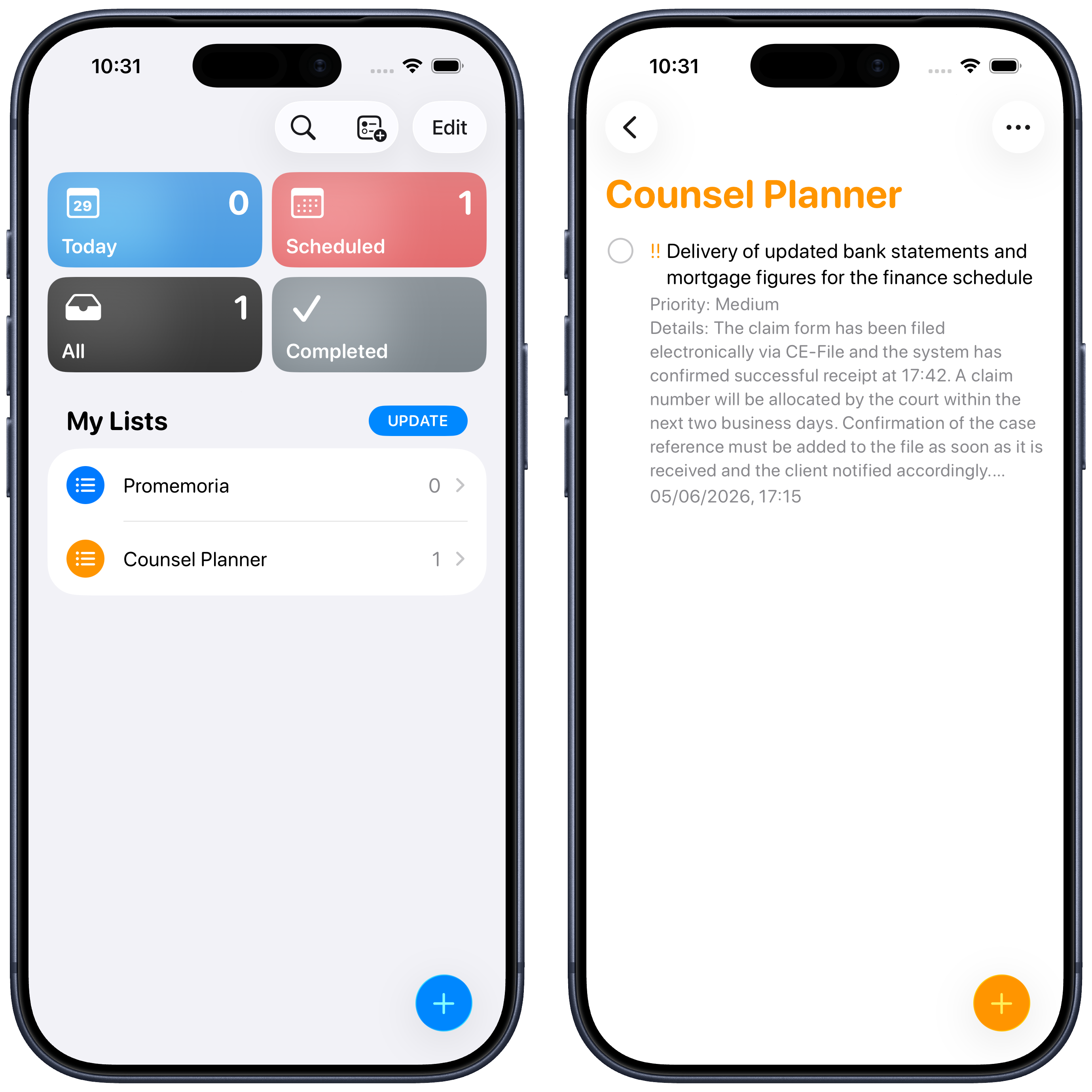 Die gespeicherte Frist erscheint in der Counsel-Planner-Liste in Erinnerungen