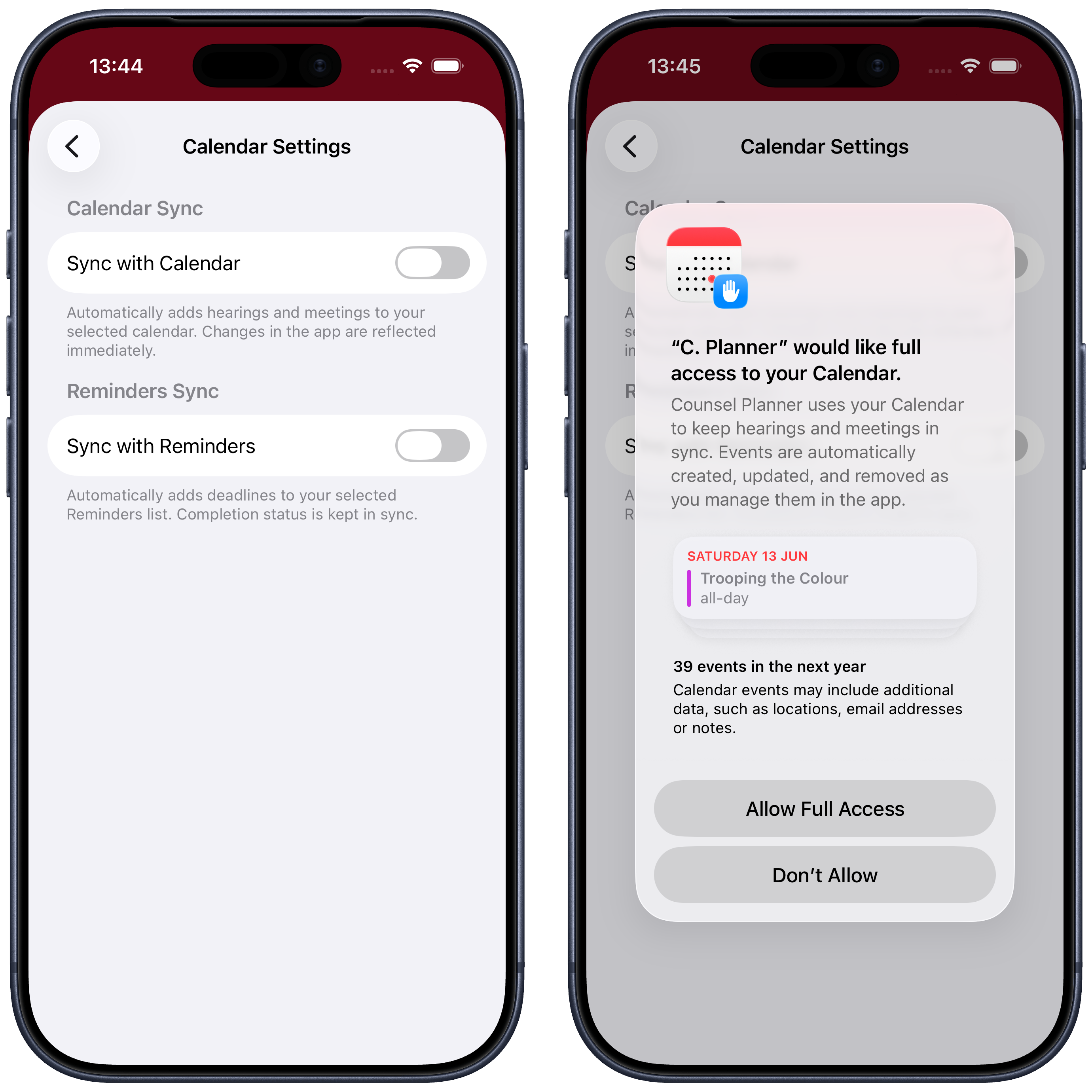 Sync with Calendar toggle and the permission request