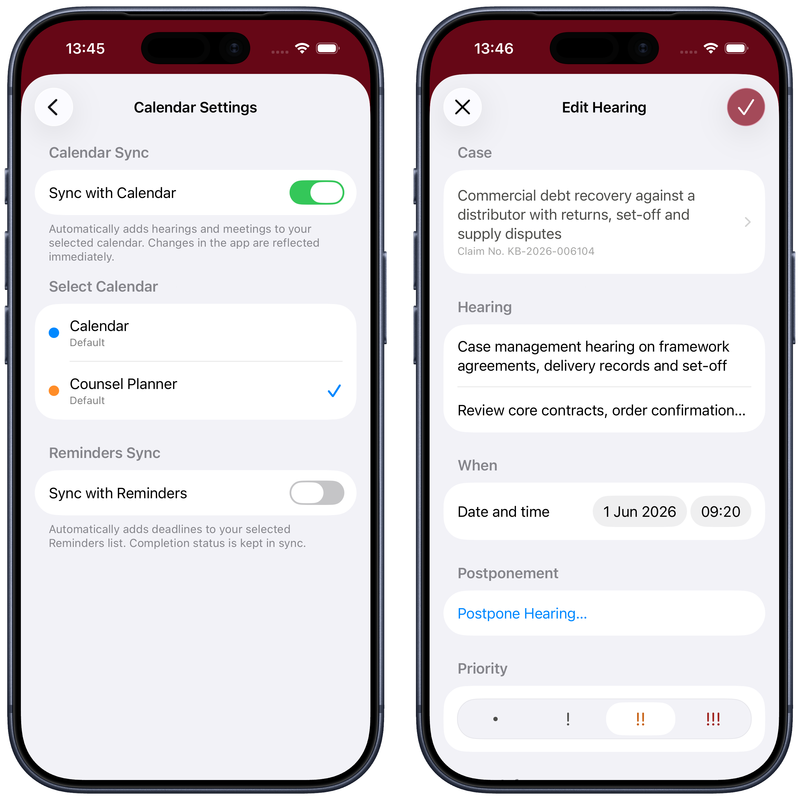 Calendar selected and hearing editor