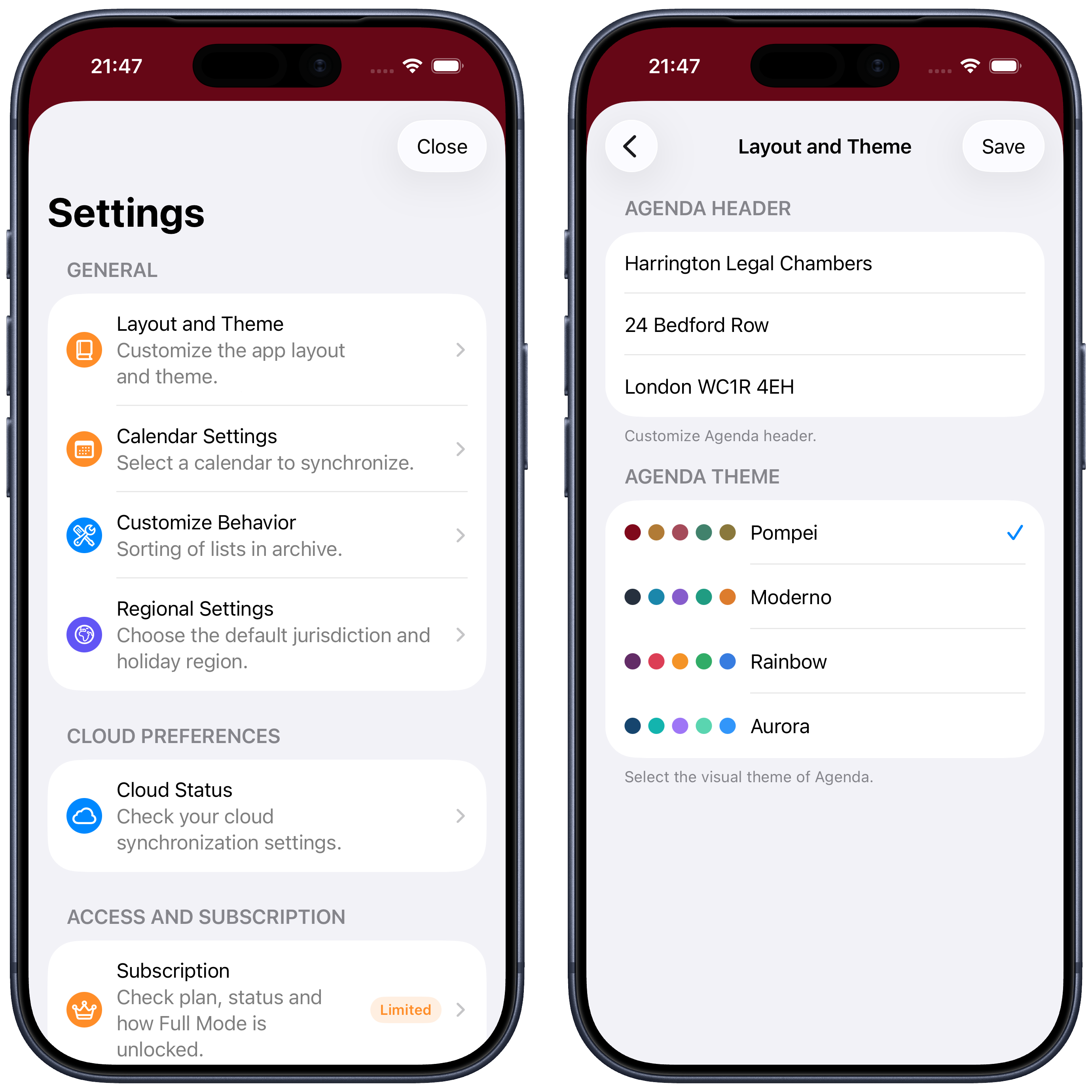 Settings screen and Appearance and Theme screen