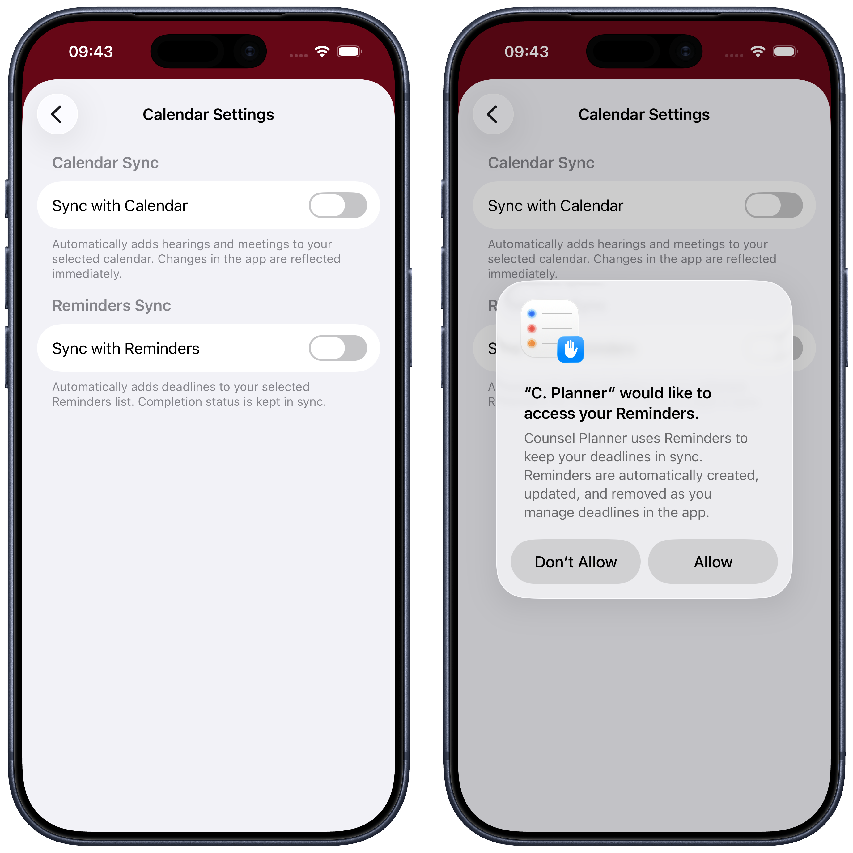 Sync with Reminders toggle and the permission request