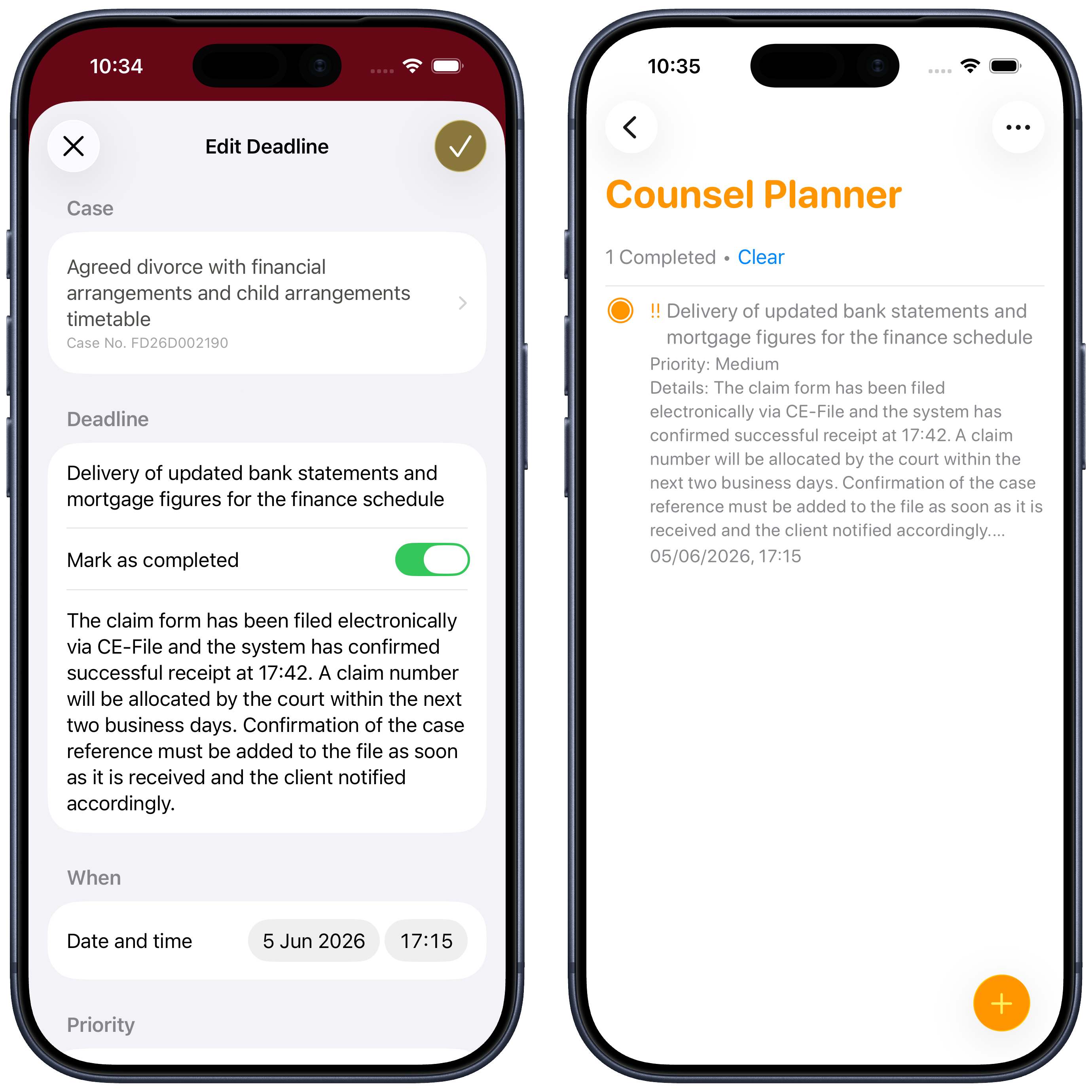 Deadline completed in the app and reminder updated automatically