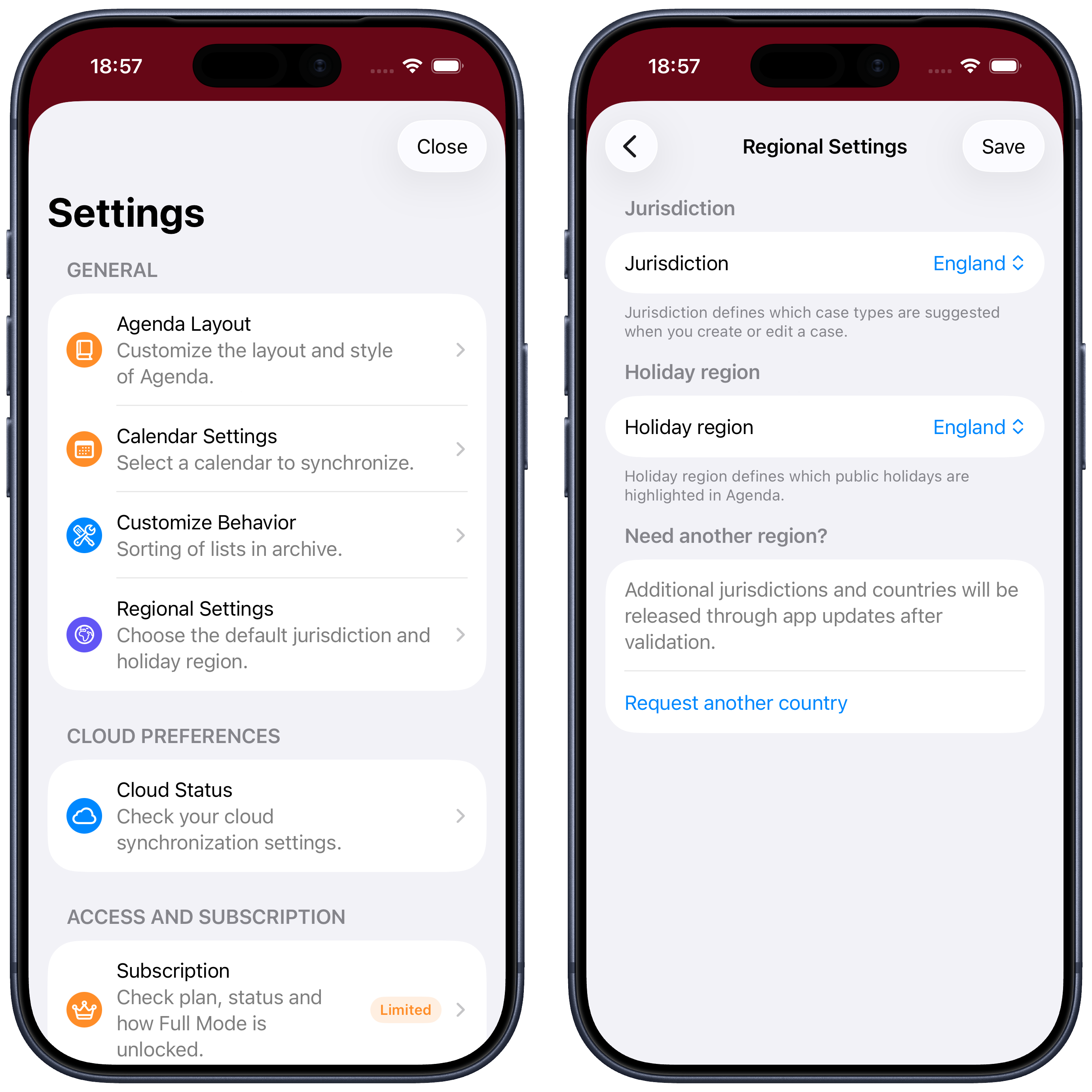 Settings screen and Regional Settings screen