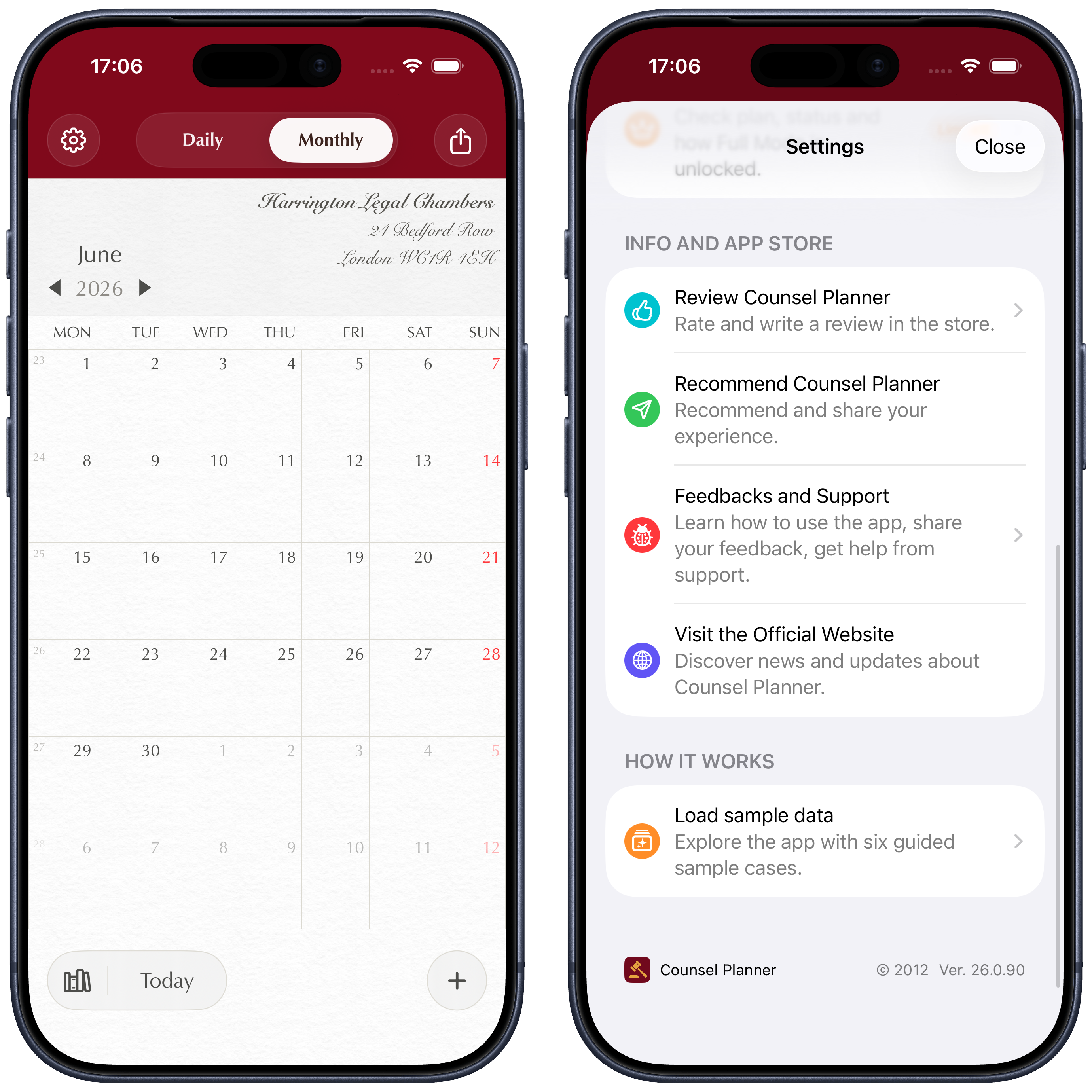 Settings screen and generate sample data screen