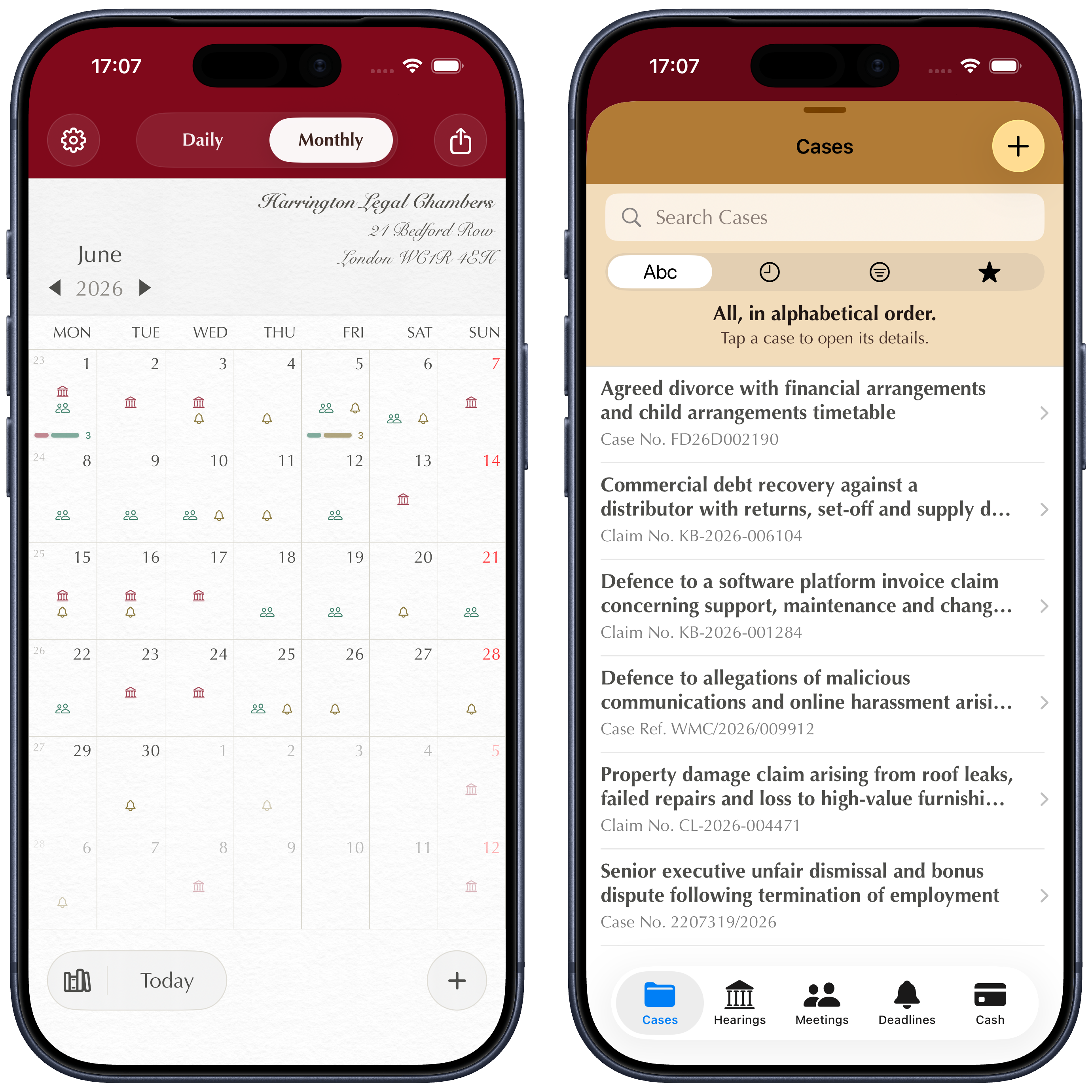 Matter list and monthly view with sample data