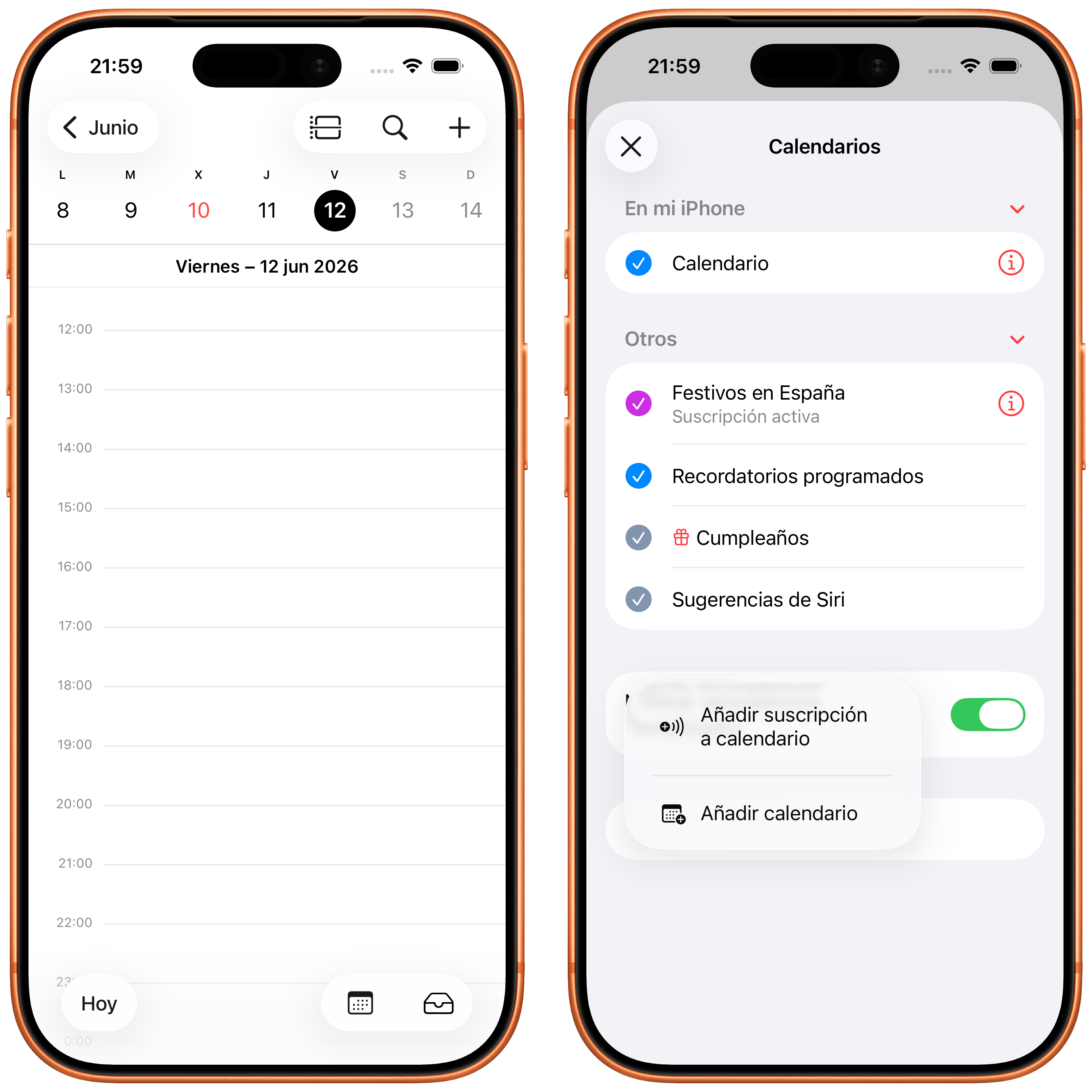 Calendario Apple vacío y lista de calendarios con la opción Añadir calendario