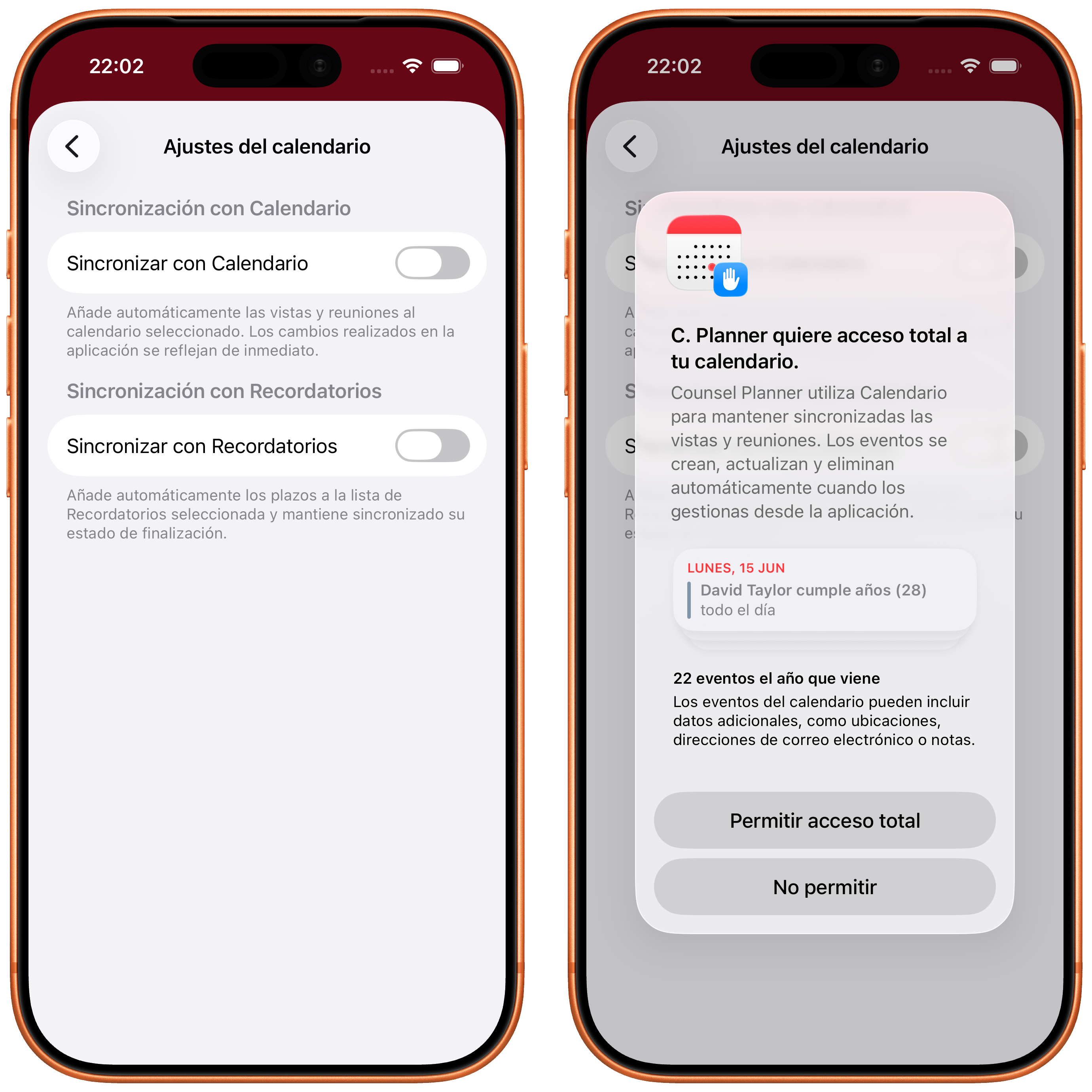Interruptor Sincronizar con Calendario y solicitud de permiso