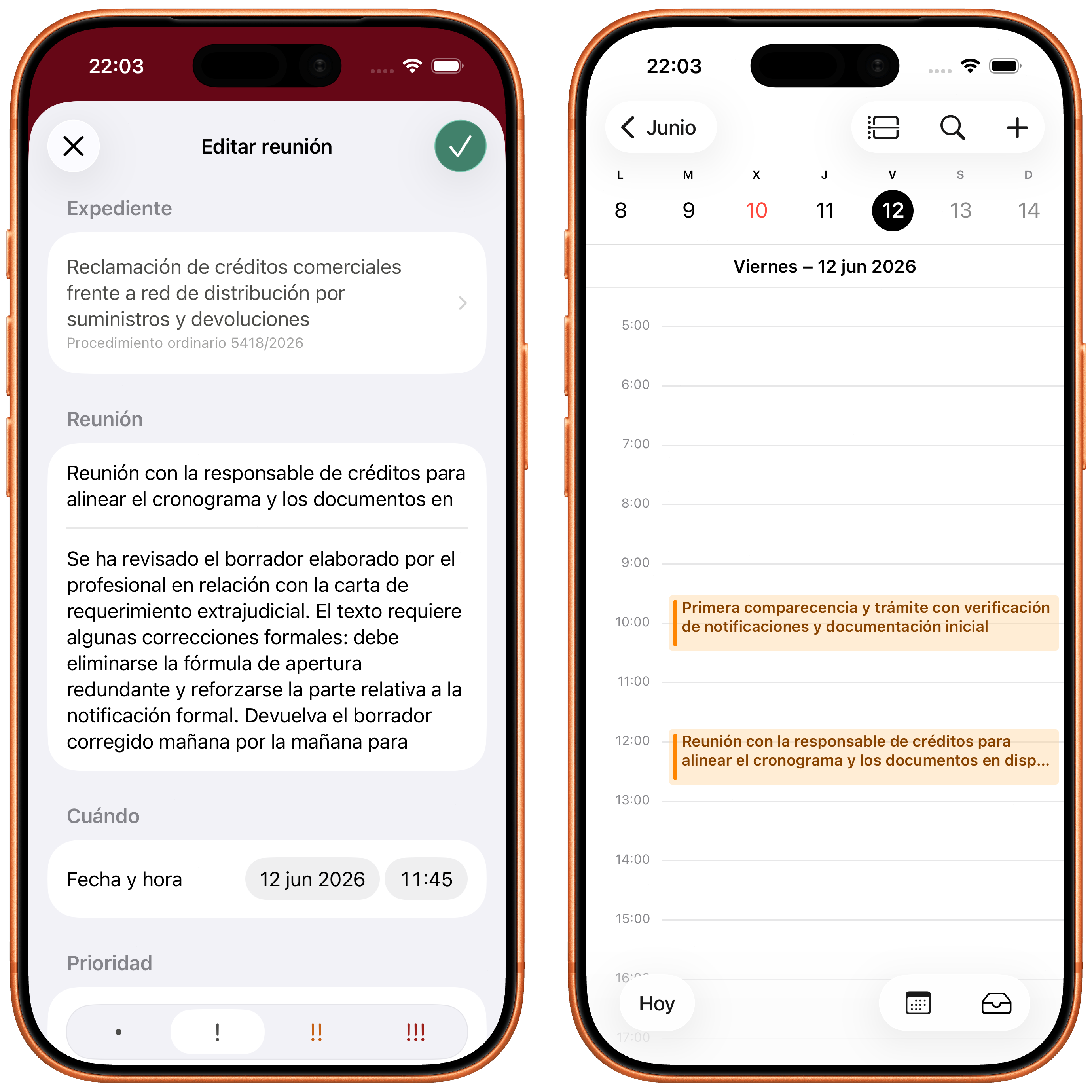 Editor de reunión y vista diaria del Calendario con audiencia y reunión