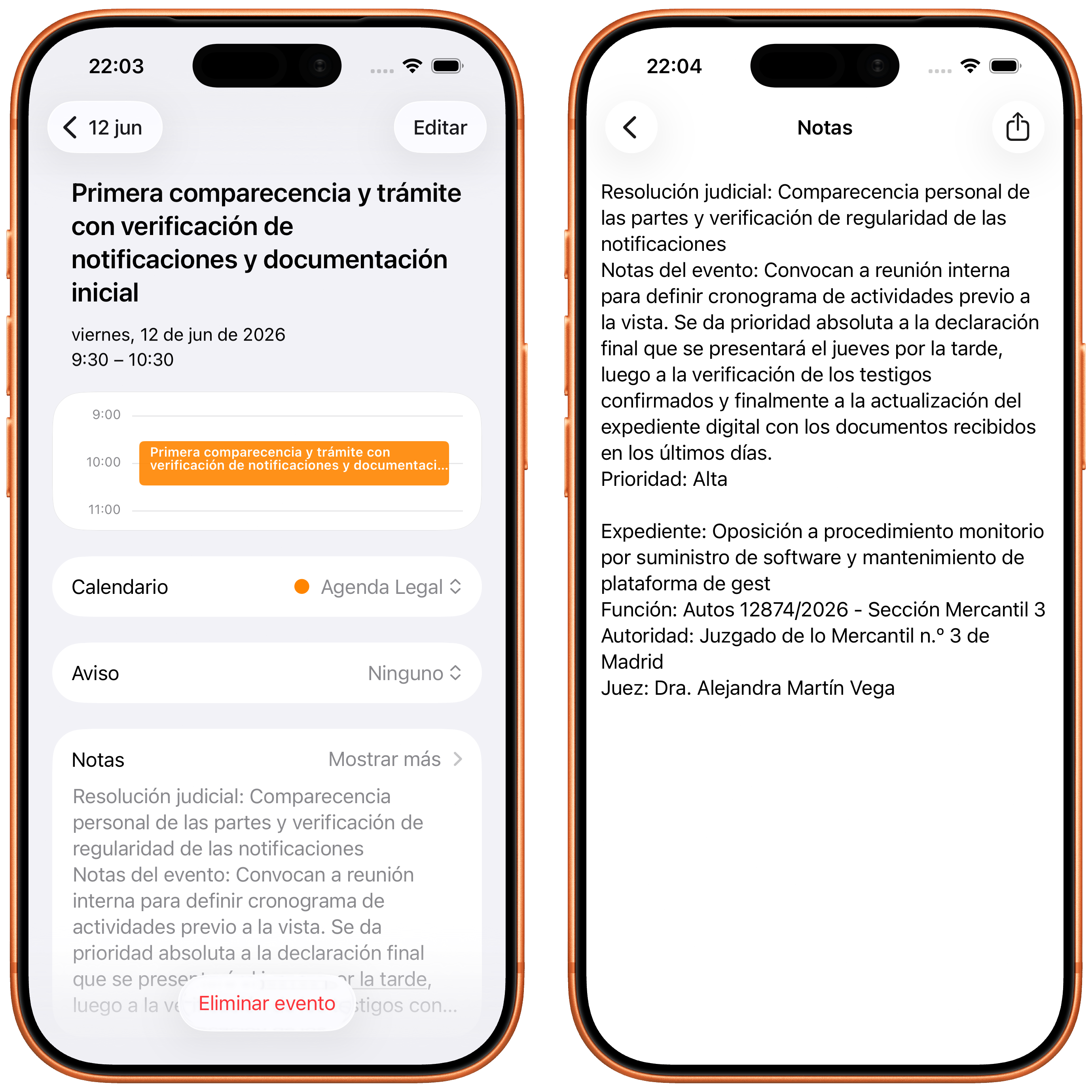 Detalle de evento de audiencia en Calendario con notas completas
