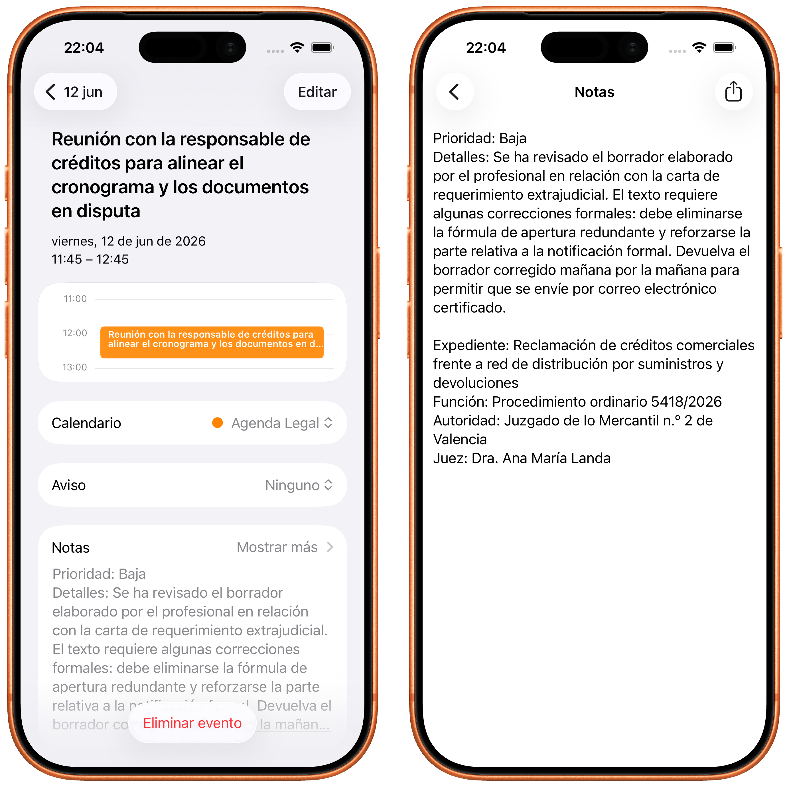Detalle de evento de reunión en Calendario con notas completas