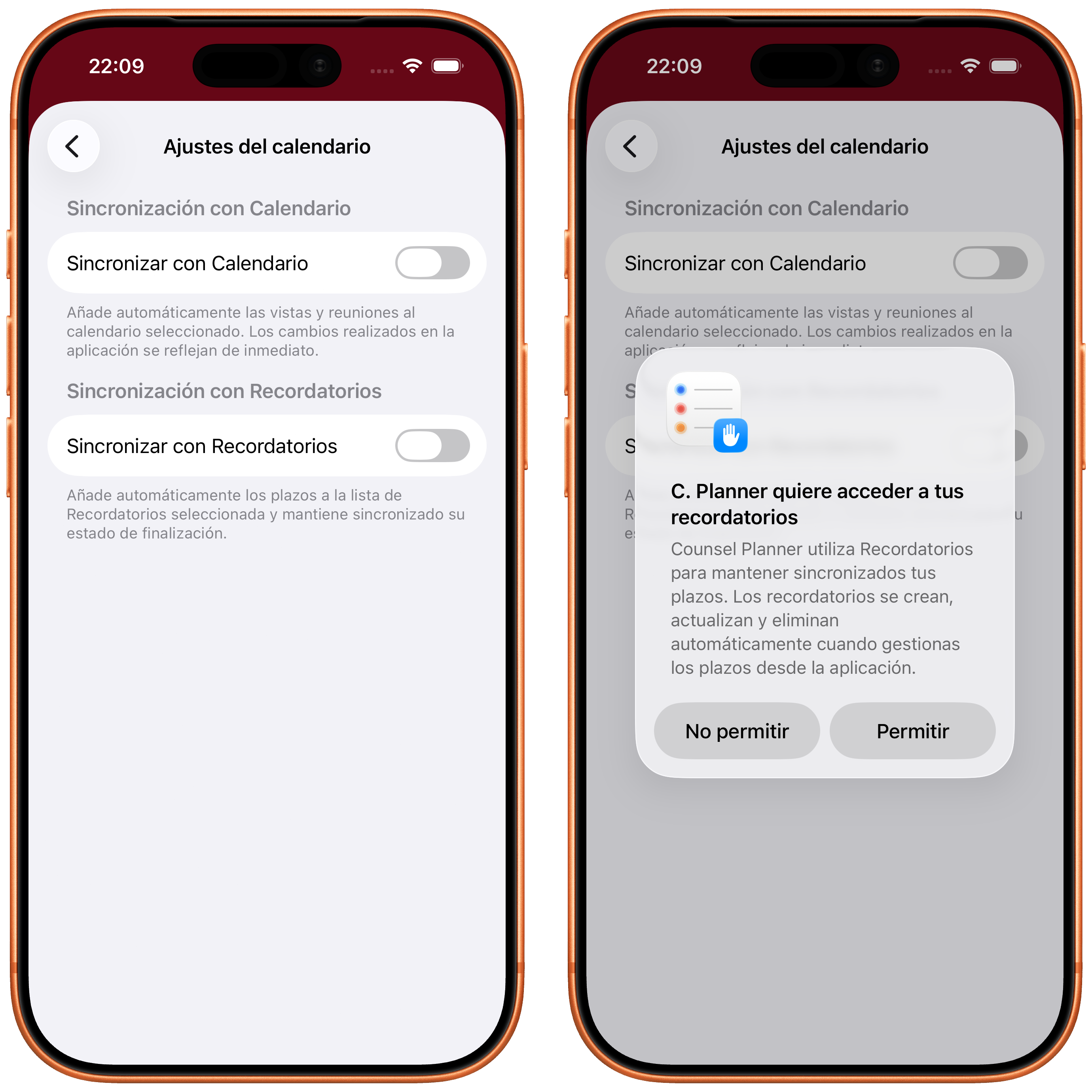 Interruptor Sincronizar con Recordatorios y solicitud de permiso