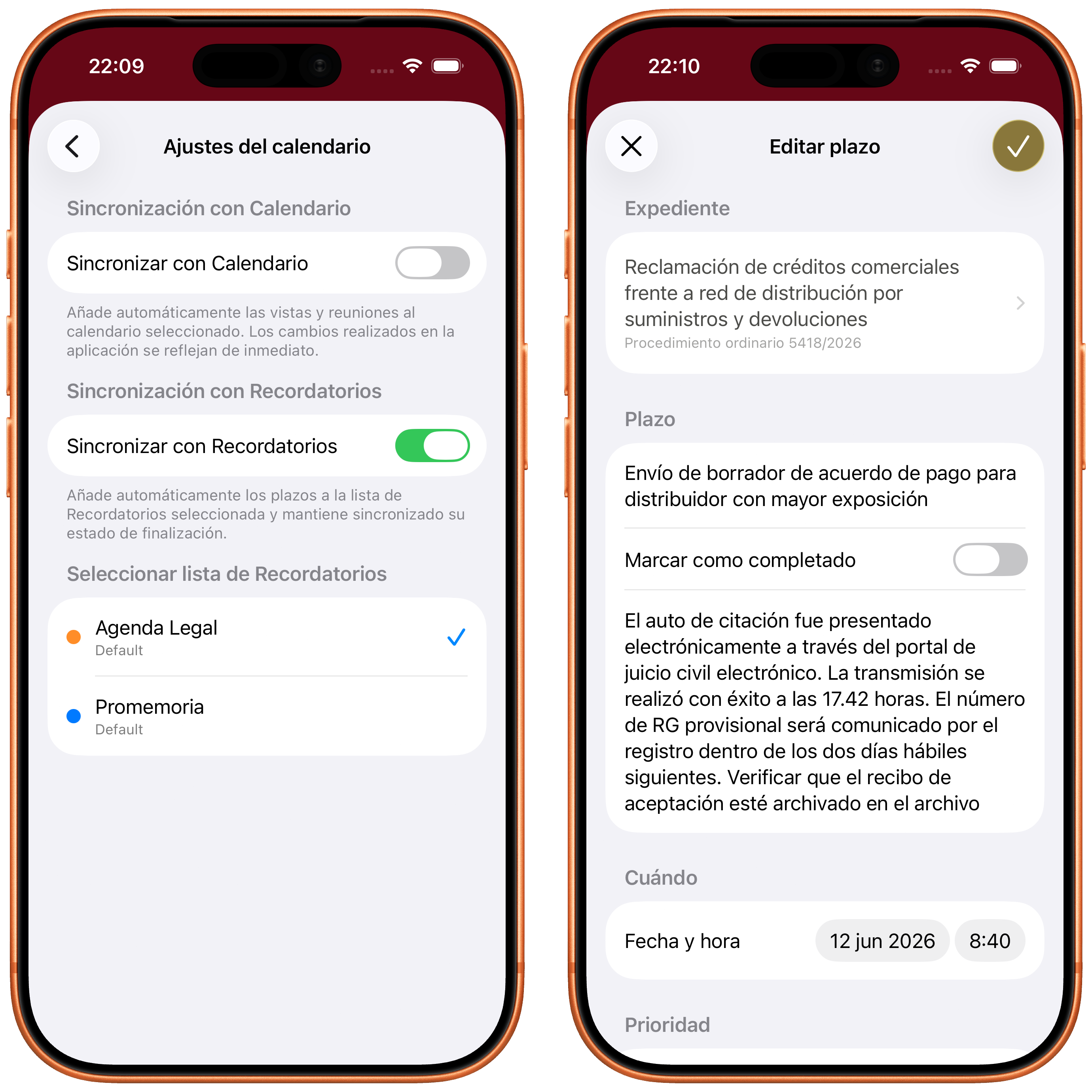 Lista seleccionada y editor de un plazo