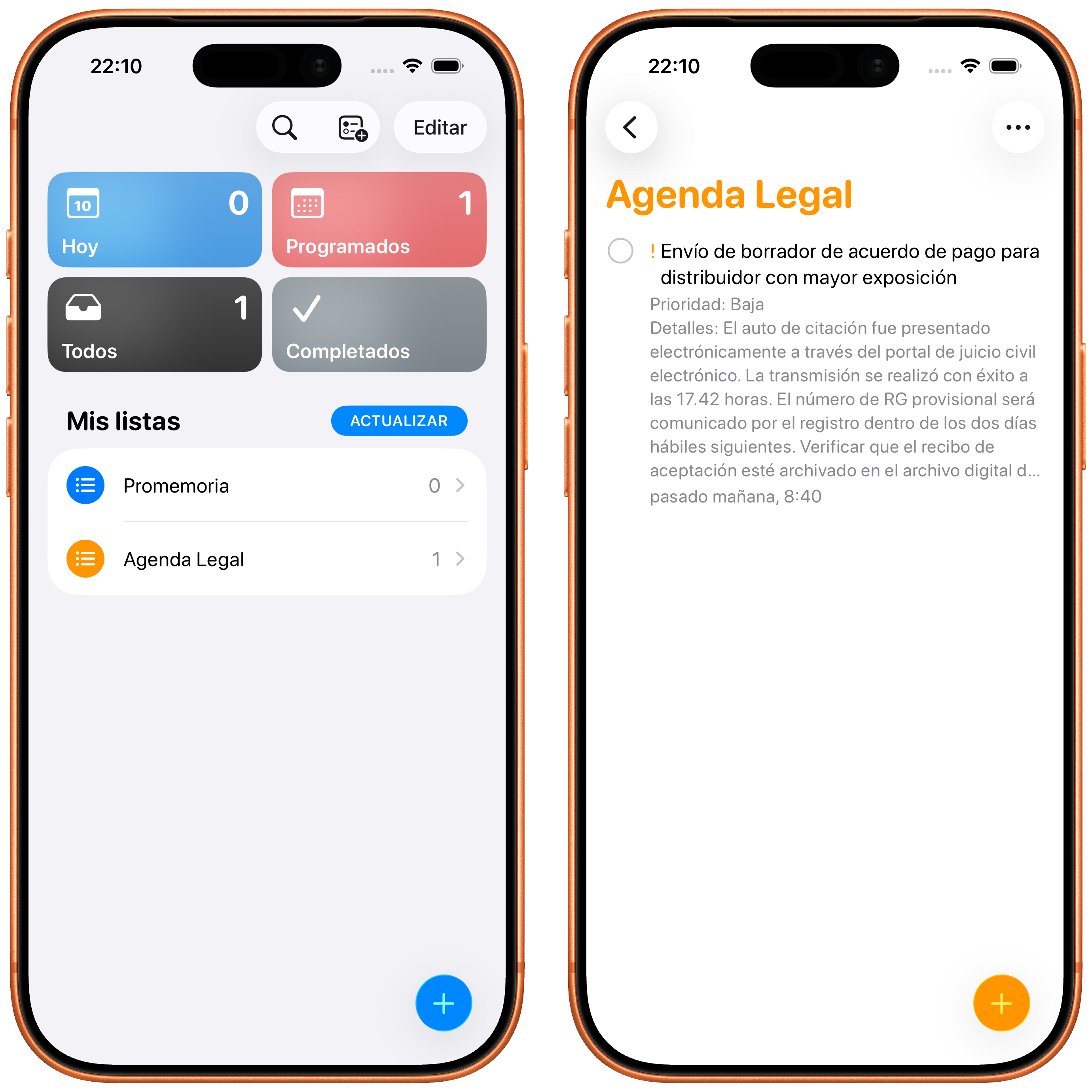 El plazo recién guardado aparece en la lista Counsel Planner de Recordatorios