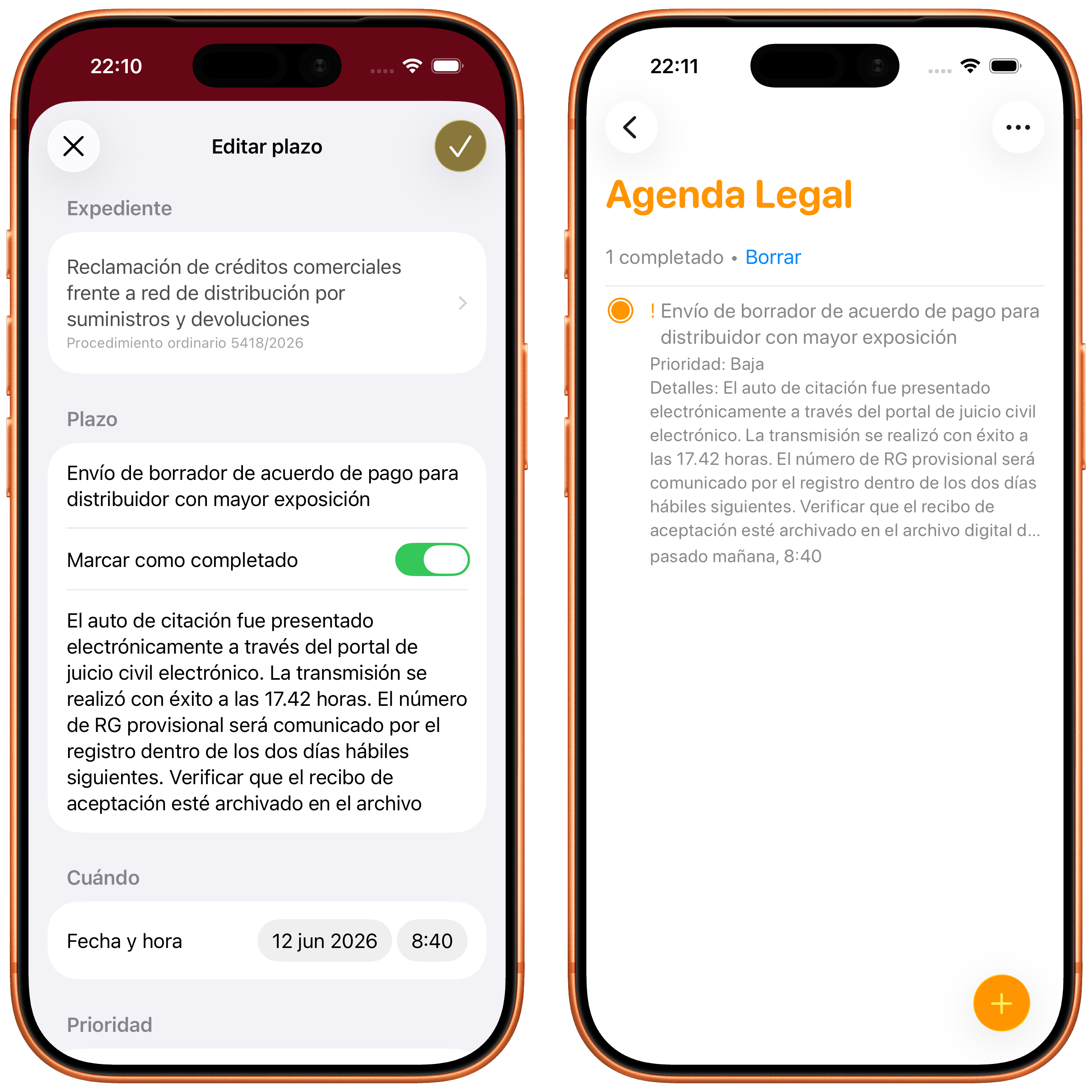 Plazo completado en la app y recordatorio actualizado automáticamente