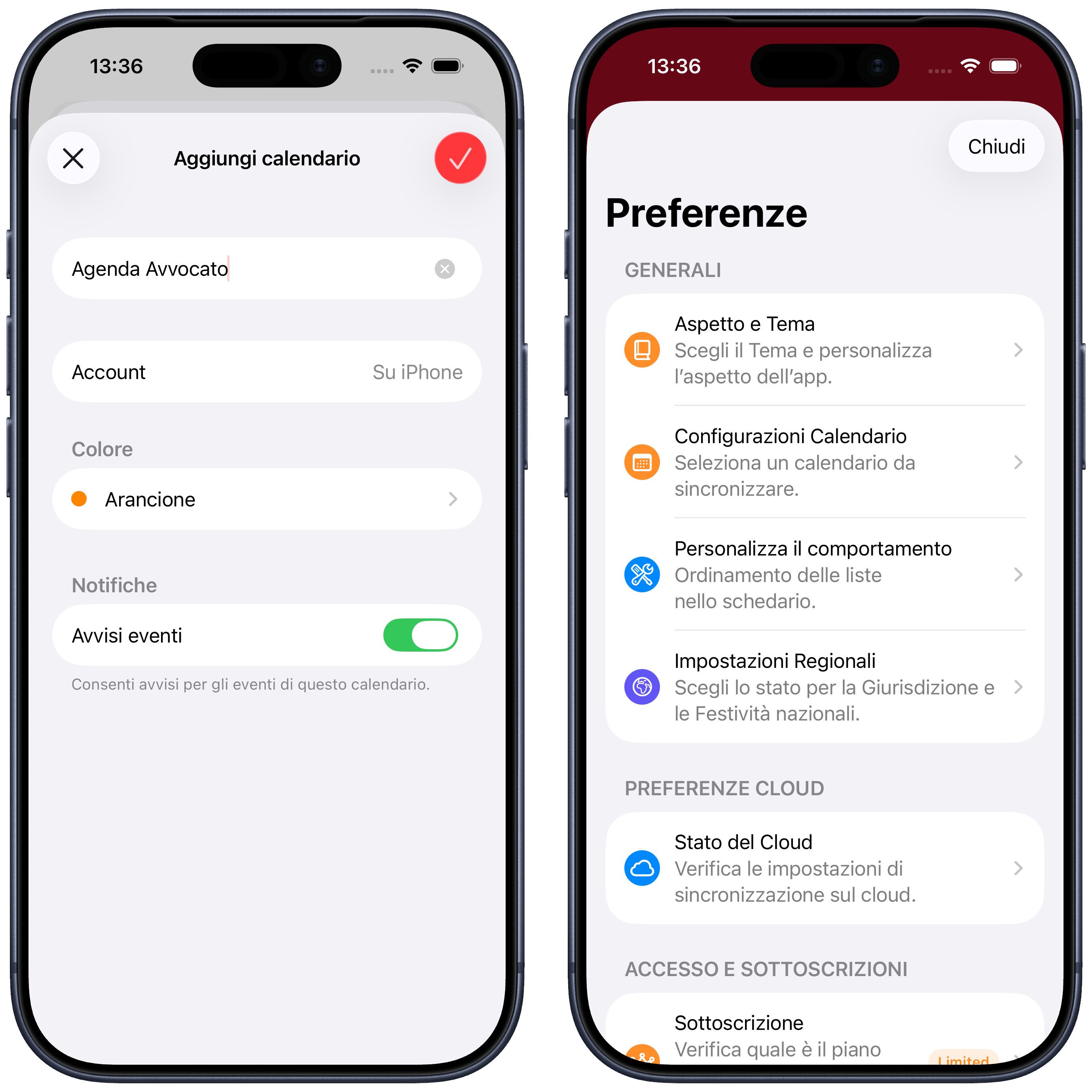 Creazione del calendario e schermata Preferenze dell'app