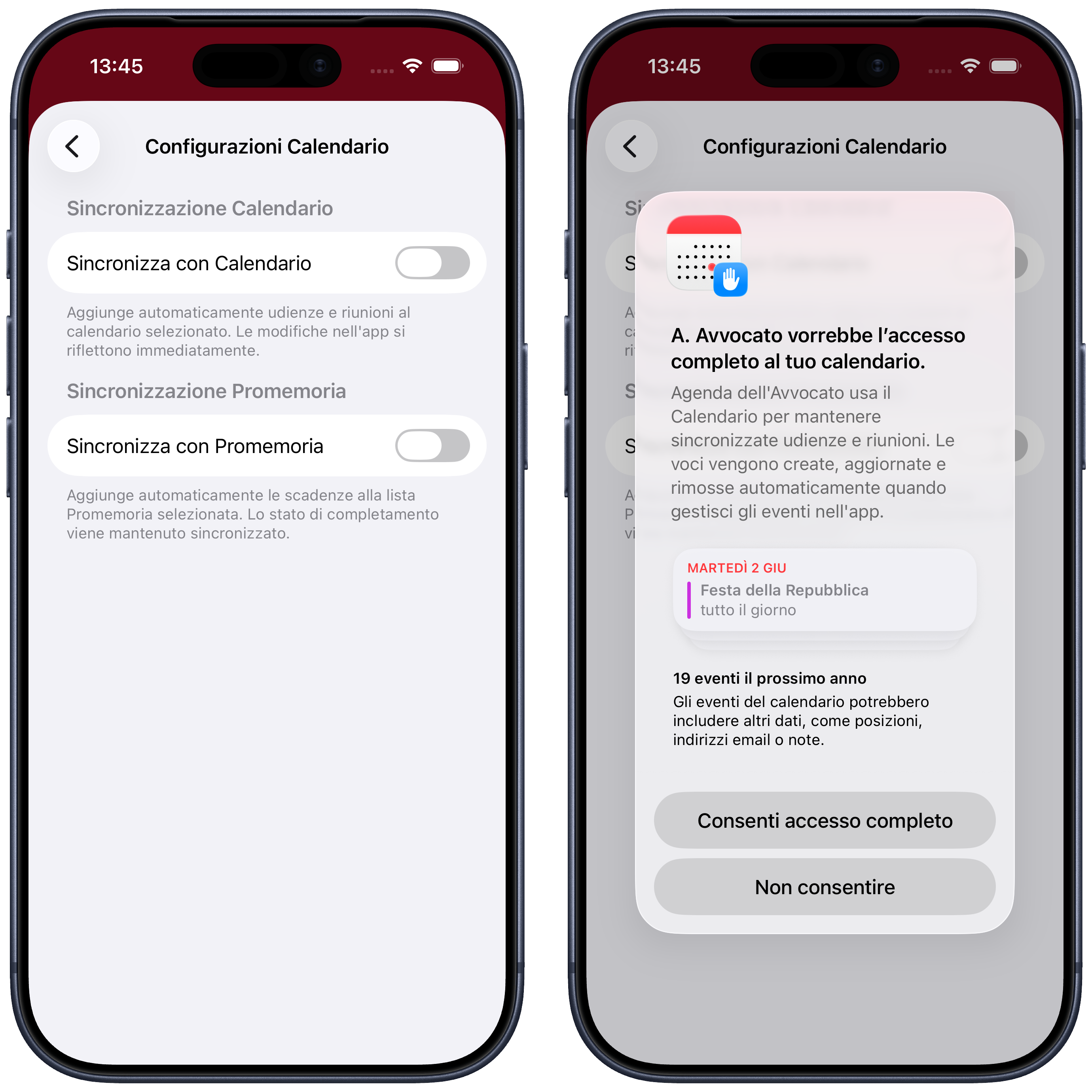 Toggle Sincronizza con Calendario e richiesta di autorizzazione