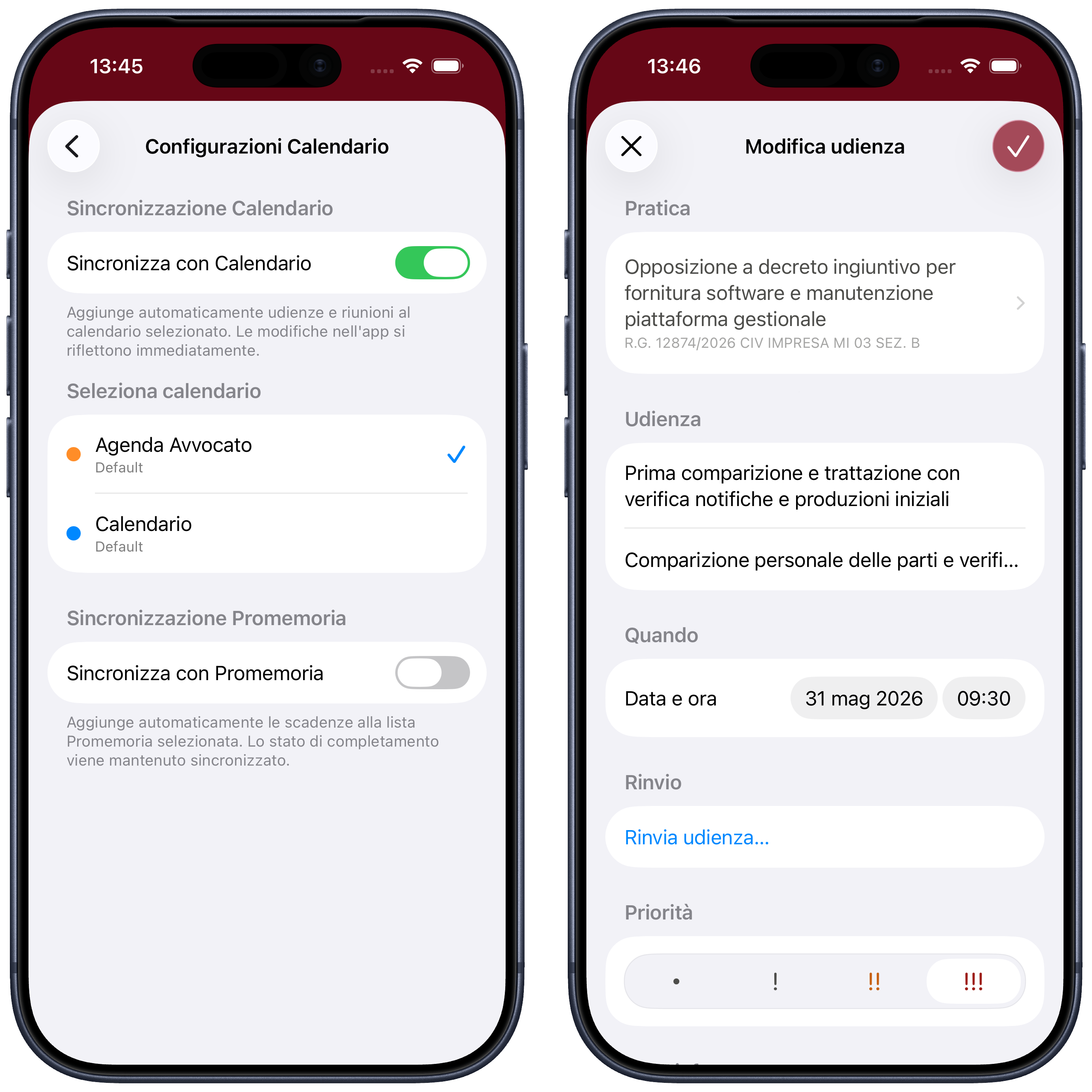 Calendario selezionato e editor di un'udienza