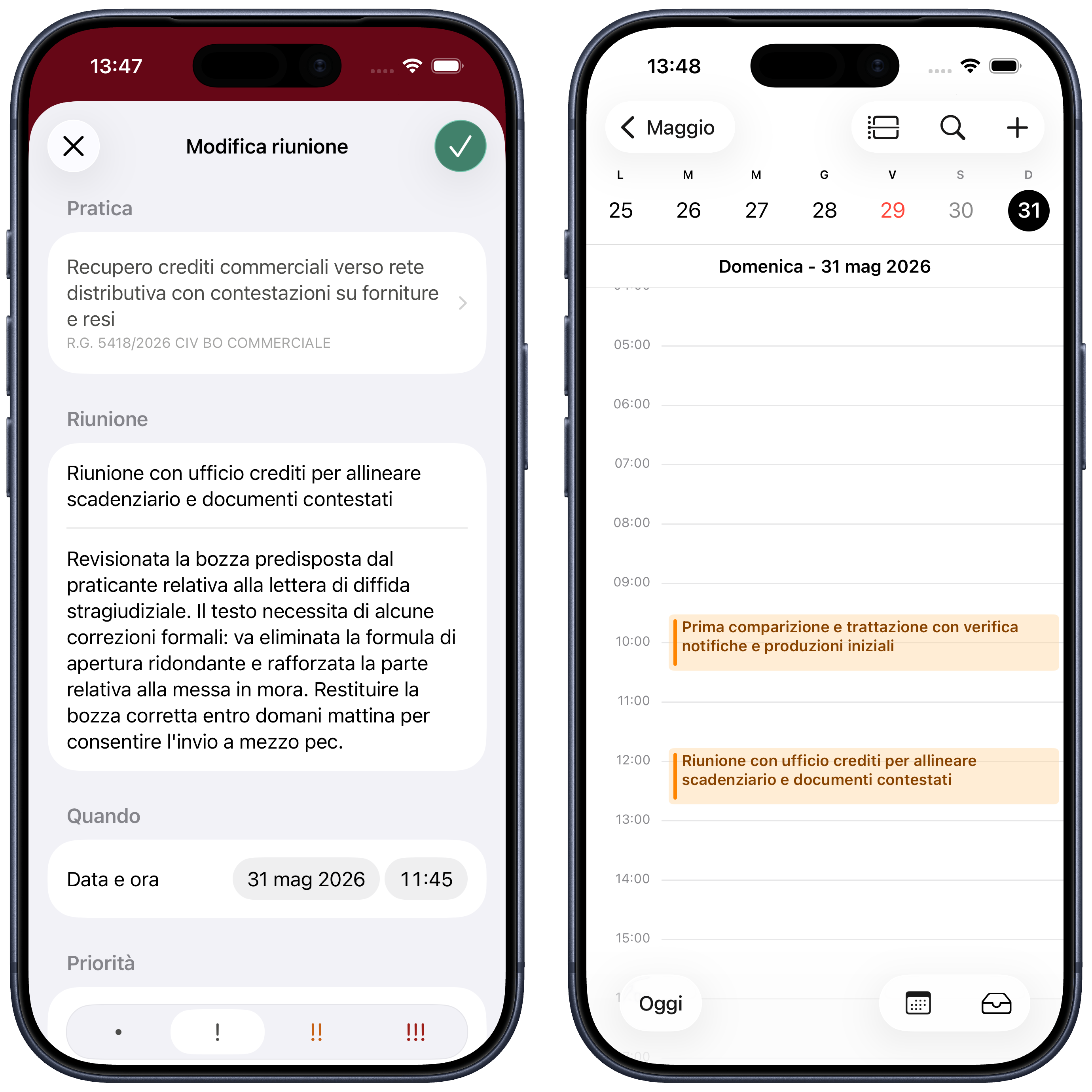 Editor riunione e vista giornaliera del Calendario con udienza e riunione