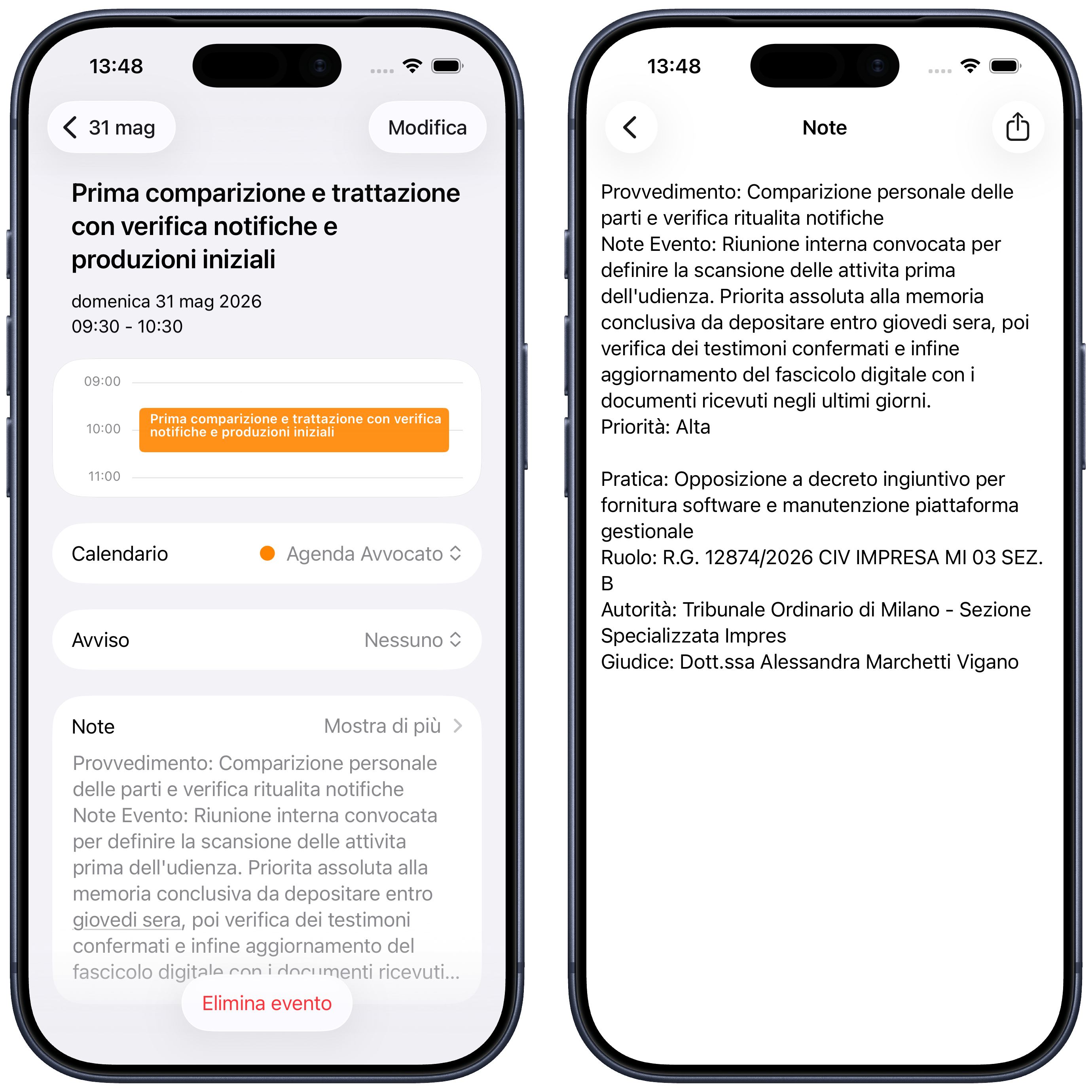 Dettaglio evento udienza nel Calendario con note complete