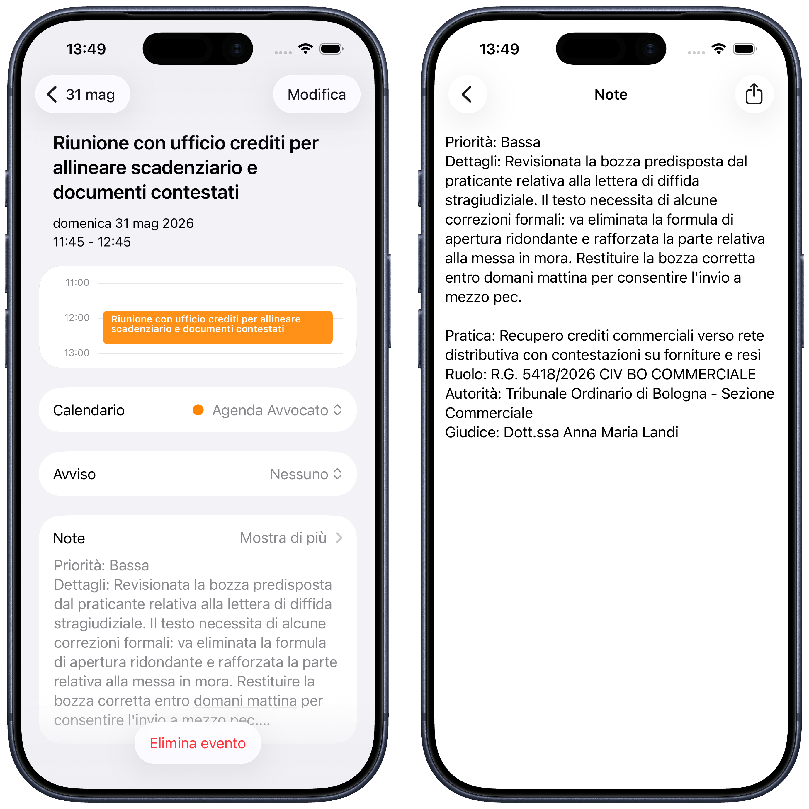 Dettaglio evento riunione nel Calendario con note complete