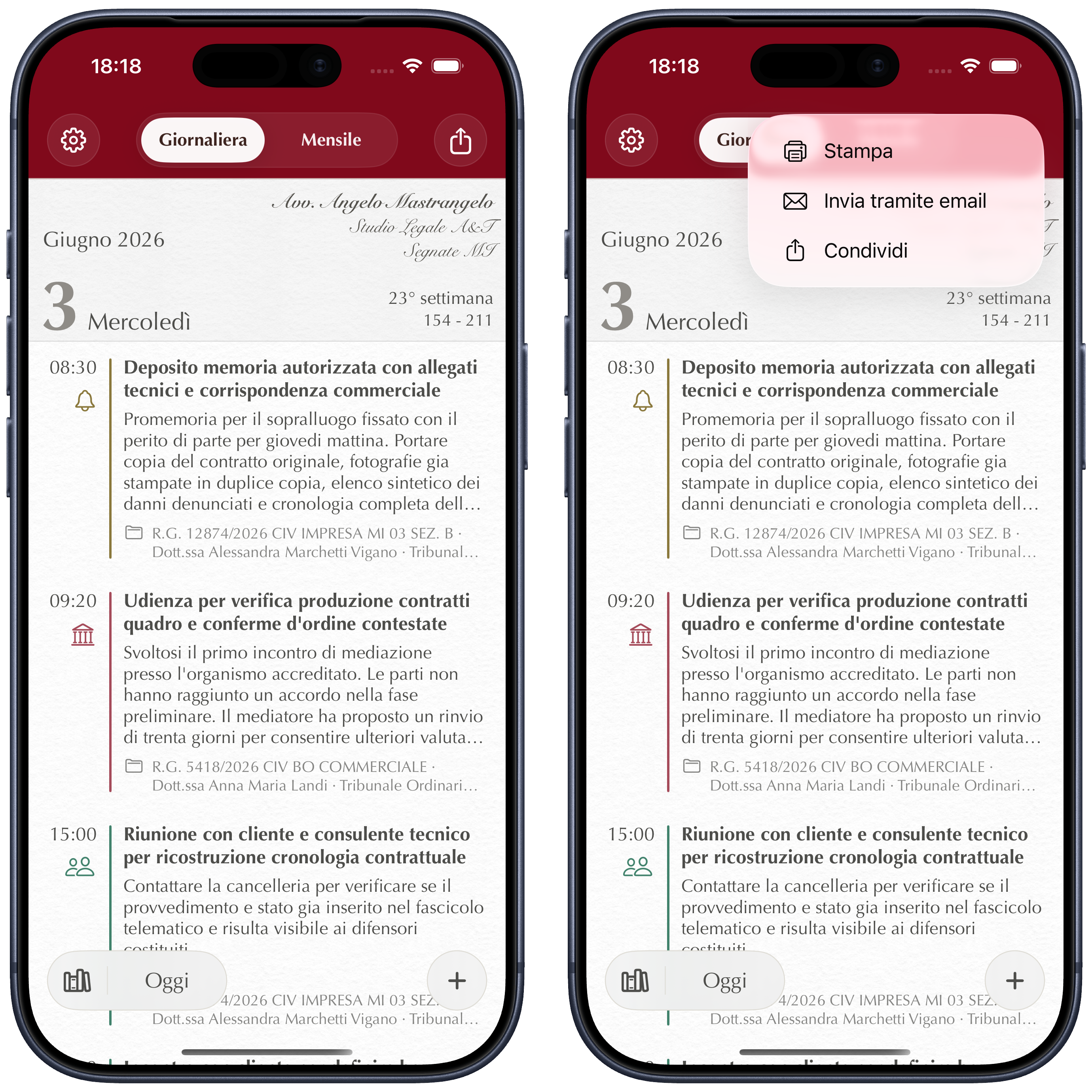 Esportazione della vista giornaliera dell'agenda