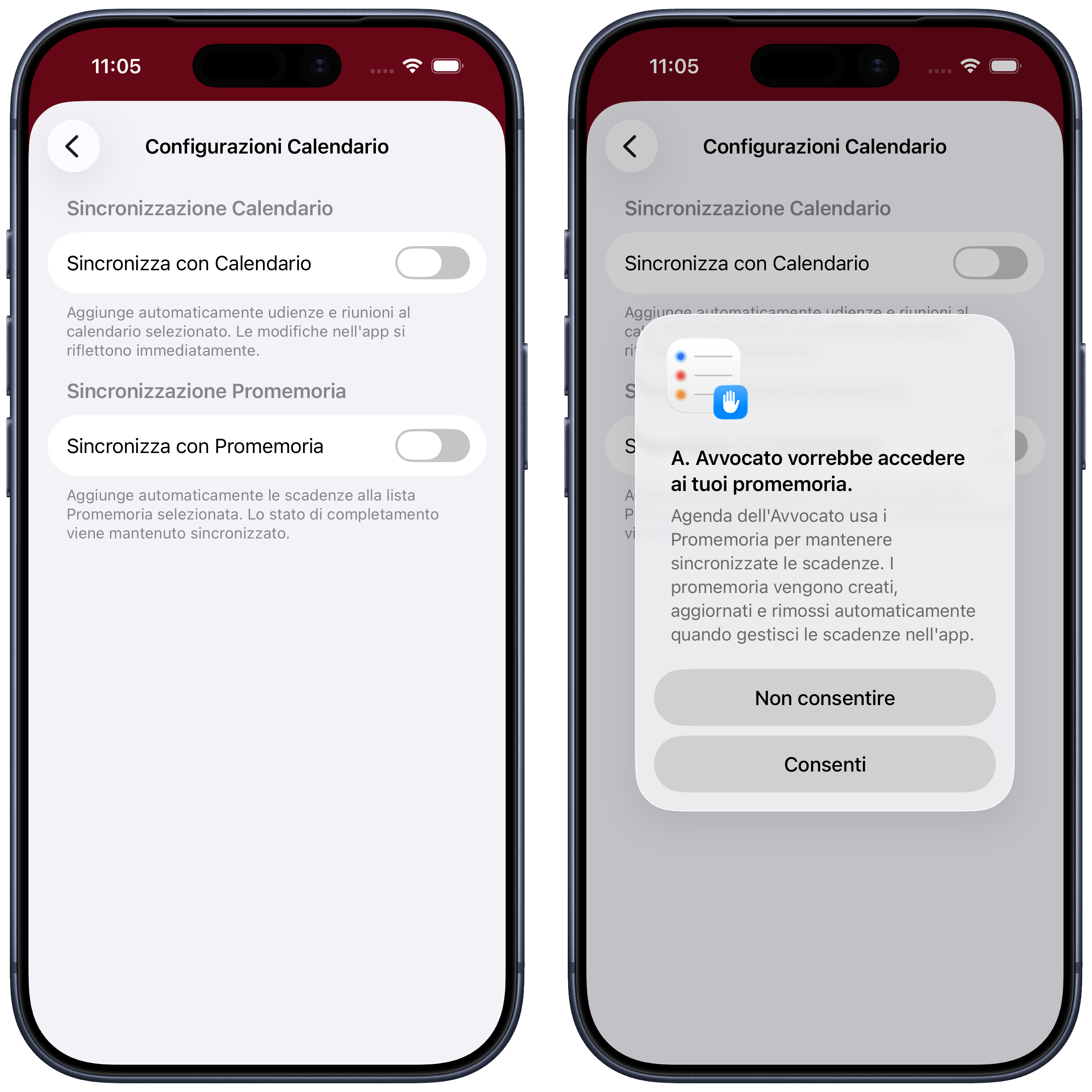 Toggle Sincronizza con Promemoria e richiesta di autorizzazione