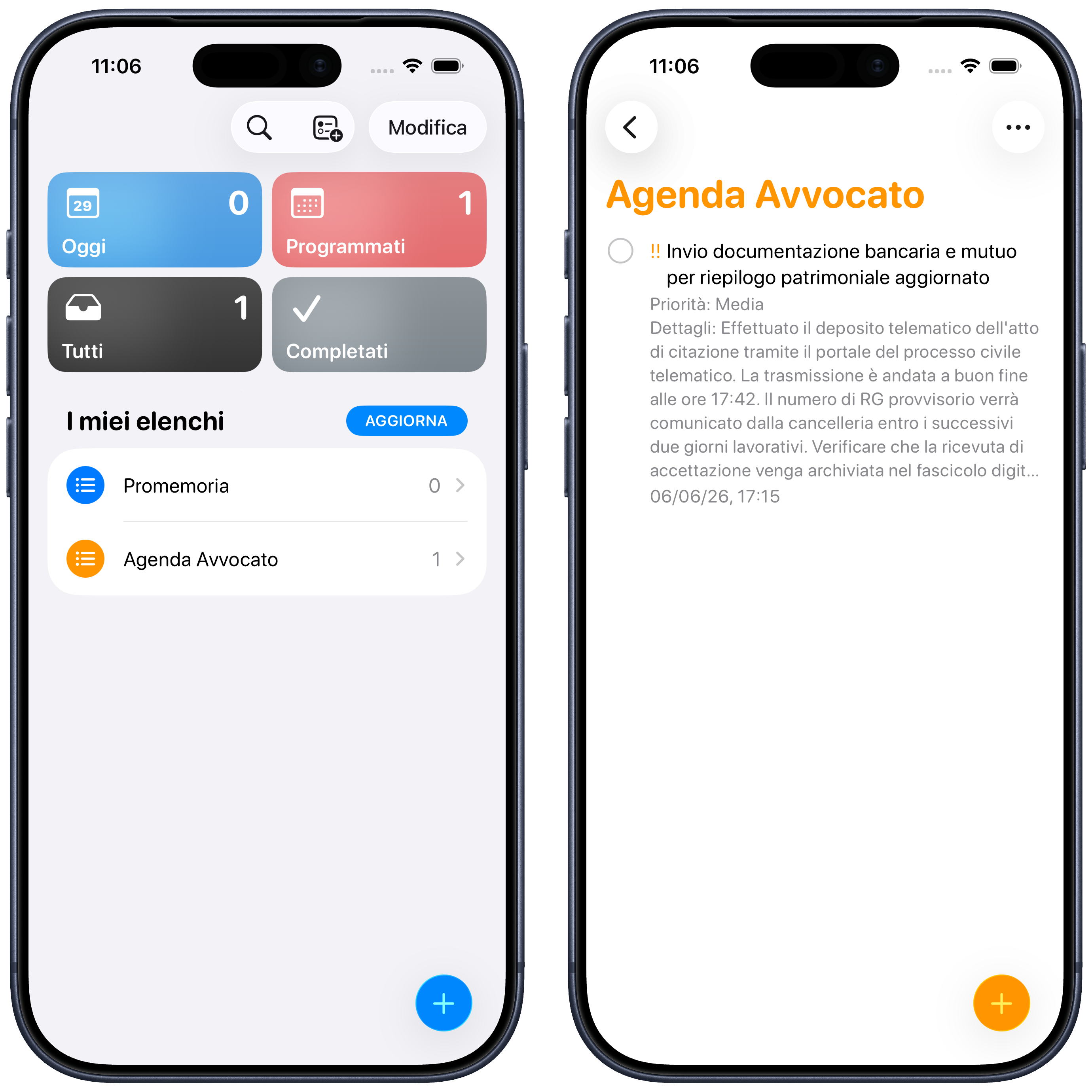 La scadenza appena salvata compare nell'elenco Agenda Avvocato in Promemoria