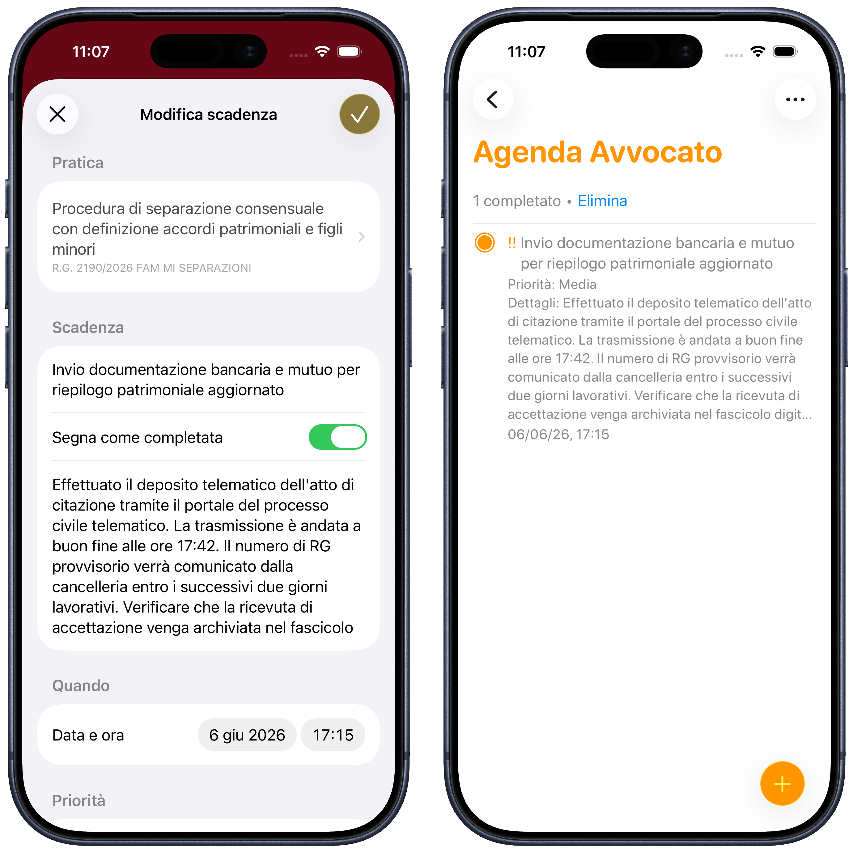 Scadenza completata nell'app e promemoria aggiornato a cascata