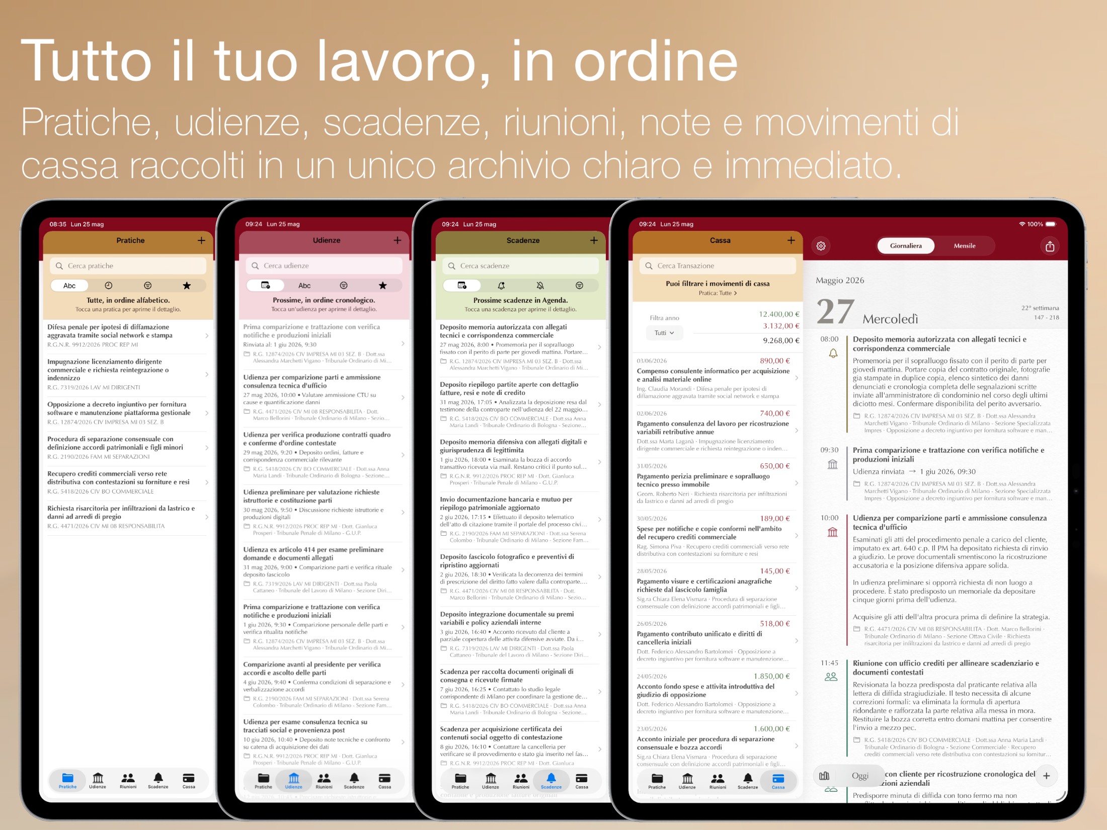 Agenda dell'Avvocato: vista dell'agenda con schedario ordinato delle pratiche